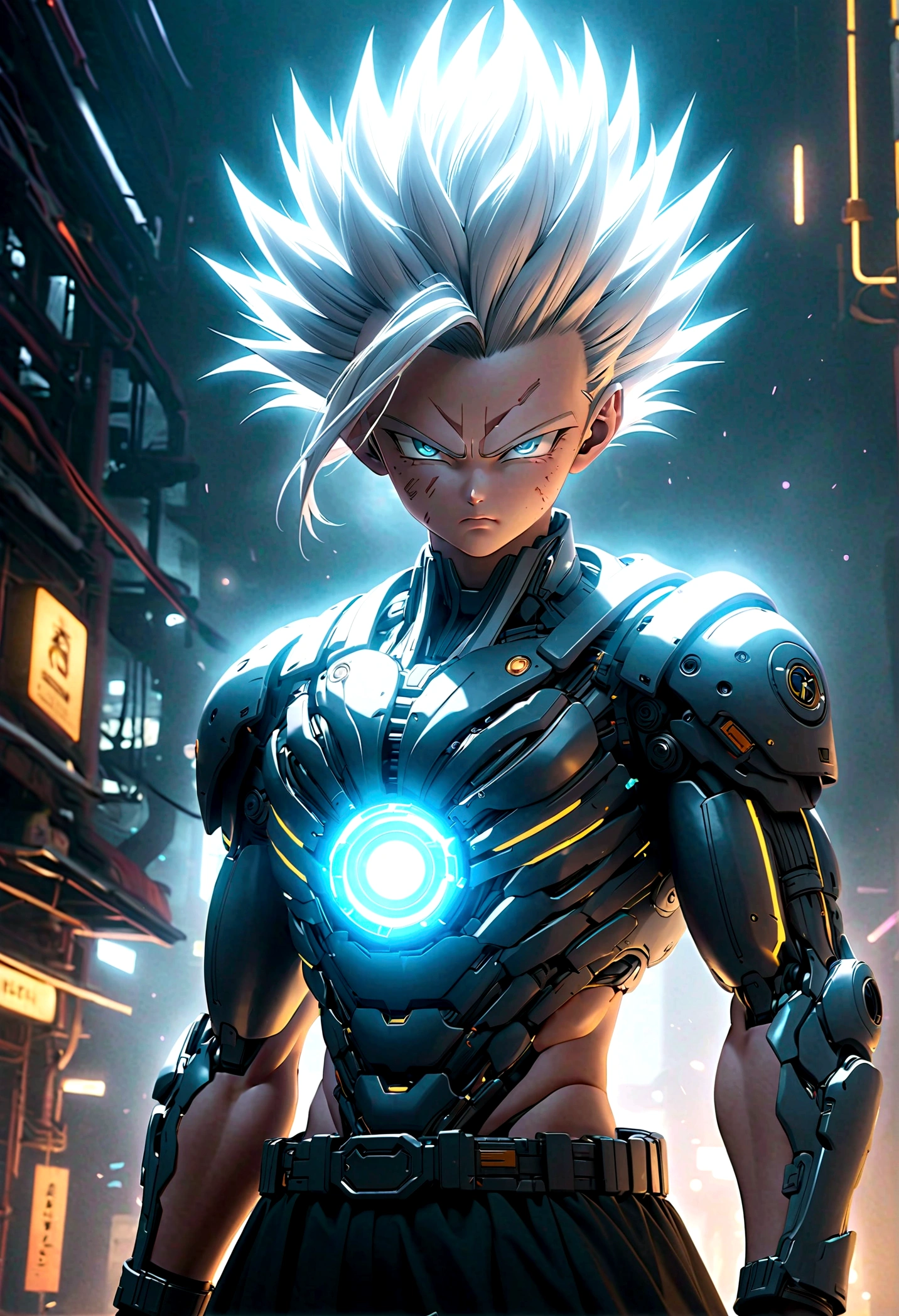 a super saiyan cyborg, highly detailed, hyperrealistic, cinematic lighting, dramatic, gritty, moody, neon lights, glowing energy aura, intense expression, mechanical parts, cyberpunk style, advanced technology, futuristic, volumetric fog, dynamic pose, 8k, photorealistic, unreal engine, concept art style