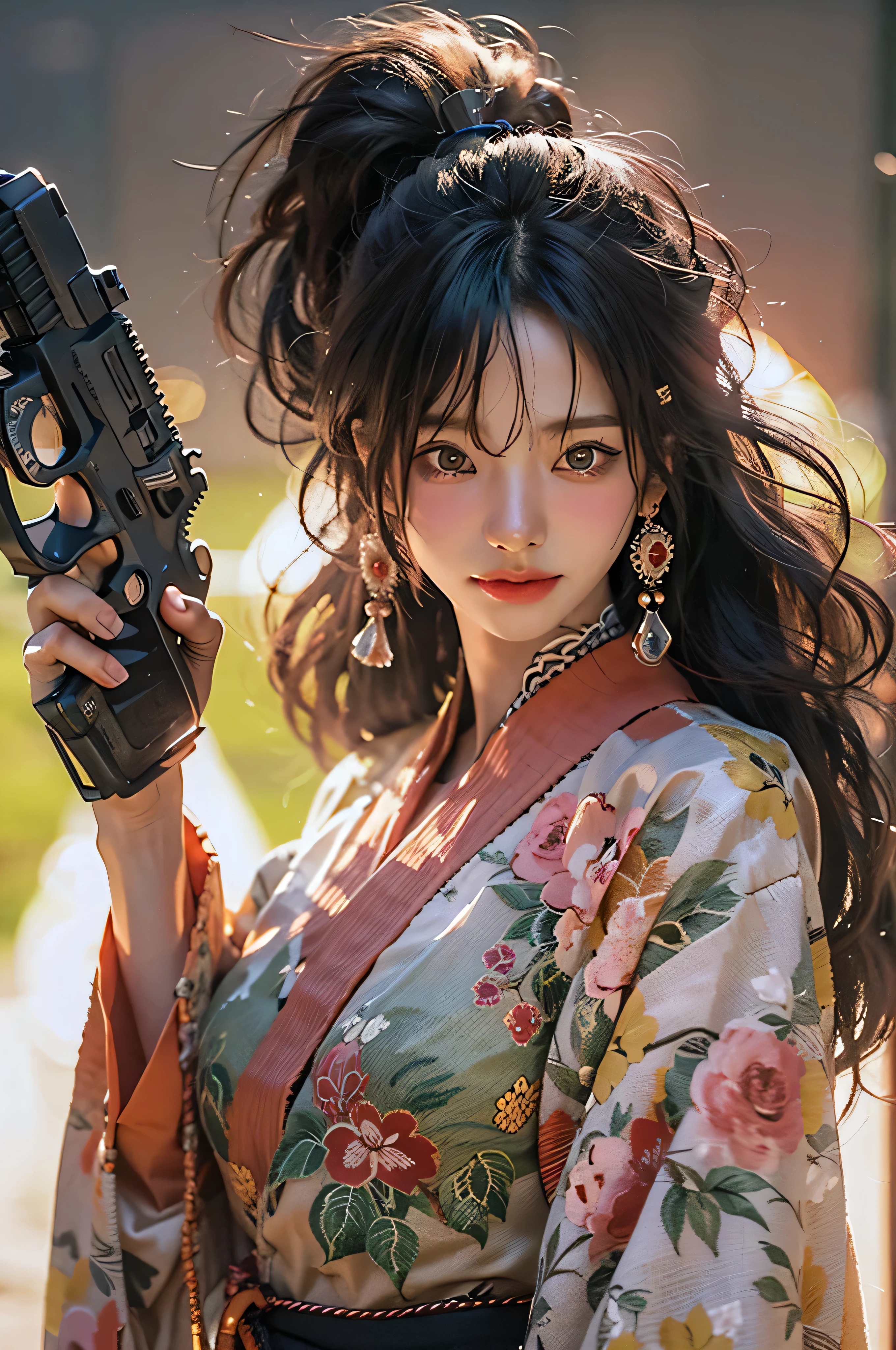 (Highest image quality), (Meisterwerk), (beschwingt, photography realistisch, realistisch, Dramatisch, dunkel, scharfer Fokus, 8K), Nahaufnahme Gesicht, Hochdetaillierte Gesichts- und Hautstruktur, sexy rosa Kimono, ethereal beauty, reife asiatische Frau,schwarze lange Haare, bilden, sexy smile, NSFW ,Nahaufnahme, ((Hintergrundbeleuchtung)), die Waffe halten, Geheimagent, dynamische Posen, realistisch, Shooting Pose
