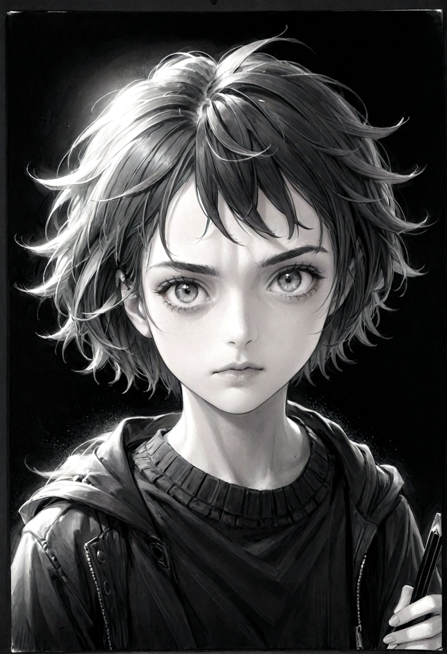 (High resolution,Practical) Short hair handsome tomboy girl, rugged, Moderate: pencil drawing, Detailed facial features, Determine the expression, Dark background