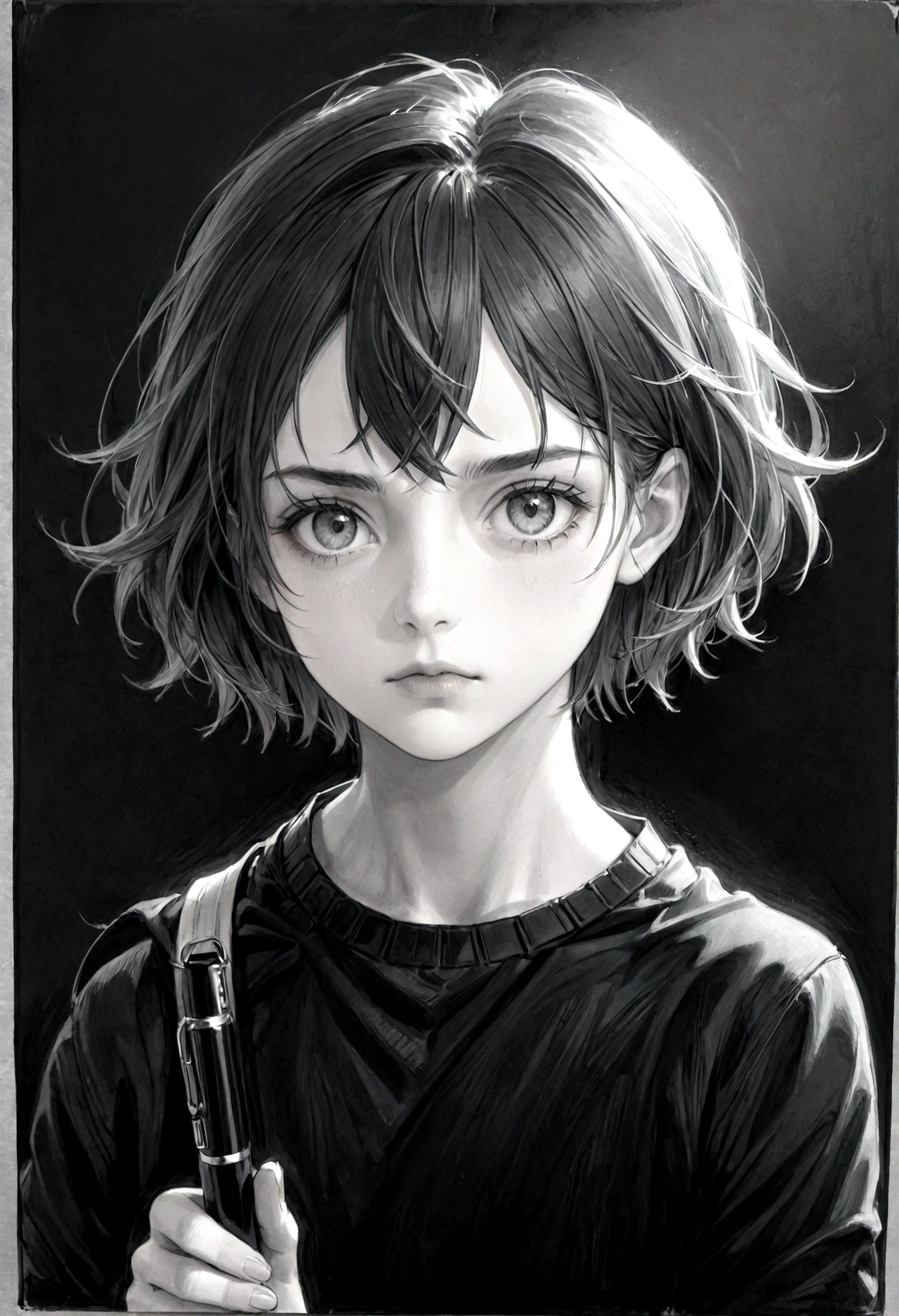 (High resolution,Practical) Short hair handsome tomboy girl, rugged, Moderate: pencil drawing, Detailed facial features, Determine the expression, Dark background