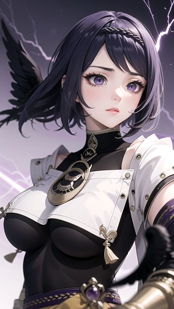 (High Detail:1.2) Anime Girl, (Cinematic Lighting, Delicate Colors), (Purple Lightning:1.2), Lighting Calm, Wind, Fog. Turquoise, Raven Wings, delta tones.