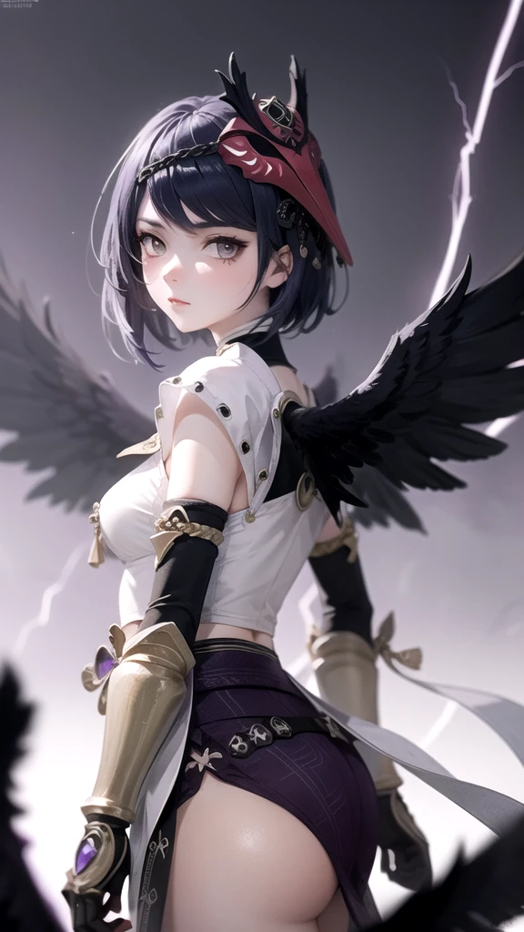 (High Detail:1.2) Anime Girl, (Cinematic Lighting, Delicate Colors), (Purple Lightning:1.2), Lighting Calm, Wind, Fog. Turquoise, Raven Wings, delta tones.