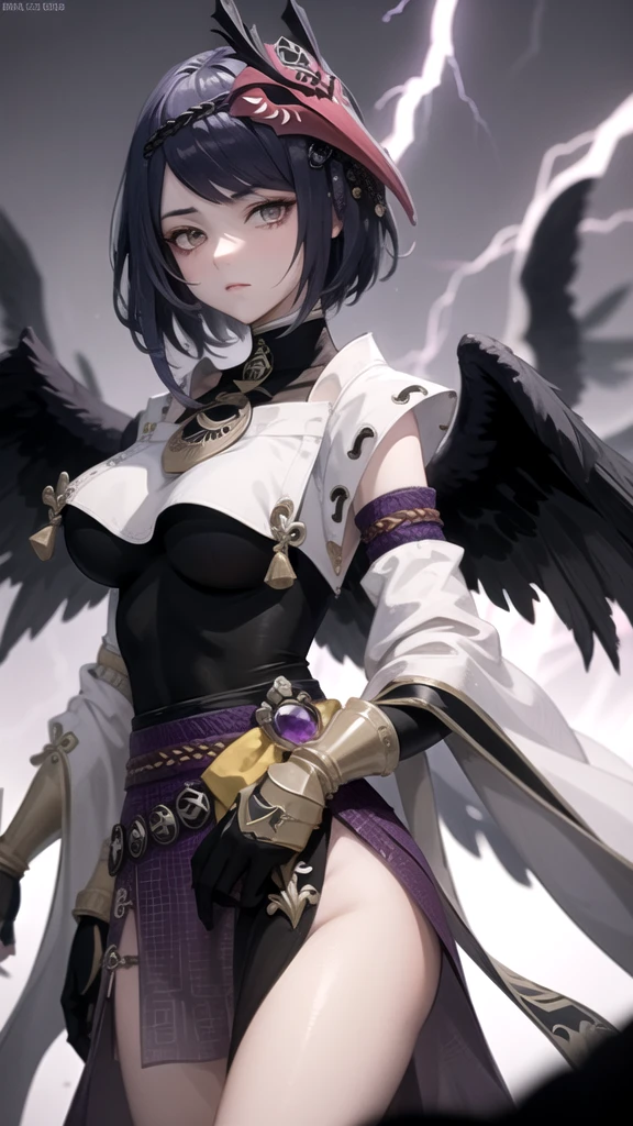(High Detail:1.2) Anime Girl, (Cinematic Lighting, Delicate Colors), (Purple Lightning:1.2), Lighting Calm, Wind, Fog. Turquoise, Raven Wings, delta tones.