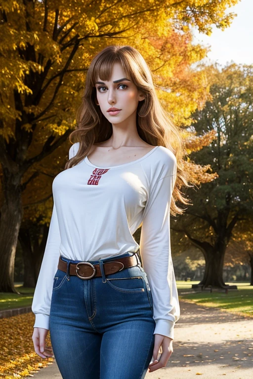 medium cowboy shot, professional photograph, (Jordan Carver:Natalie Portman:0.1), aged 18, young, inquisitive, cute, looking away, (giant tall skinny lanky woman:1.45), sfw, (slim slender arafed narrow woman:1.45), soft lighting, hidden symmetric breasts, denim jeans, long pale tucked-in long-sleeved cotton t-shirt, belt, detailed beautiful bright symmetric eyes, old city park, trees, standing, (near a stone arch bridge over a stony creek:0.8), antique lamppost, sky, auburn hair, autumn leaves, (big huge enormous massive colossal gigantic breasts:1.4), (hair tied back), (big flowing extremely long hair), bangs, outside, canon 5d, (bursting breasts), (skindentation:1.25), cleavage