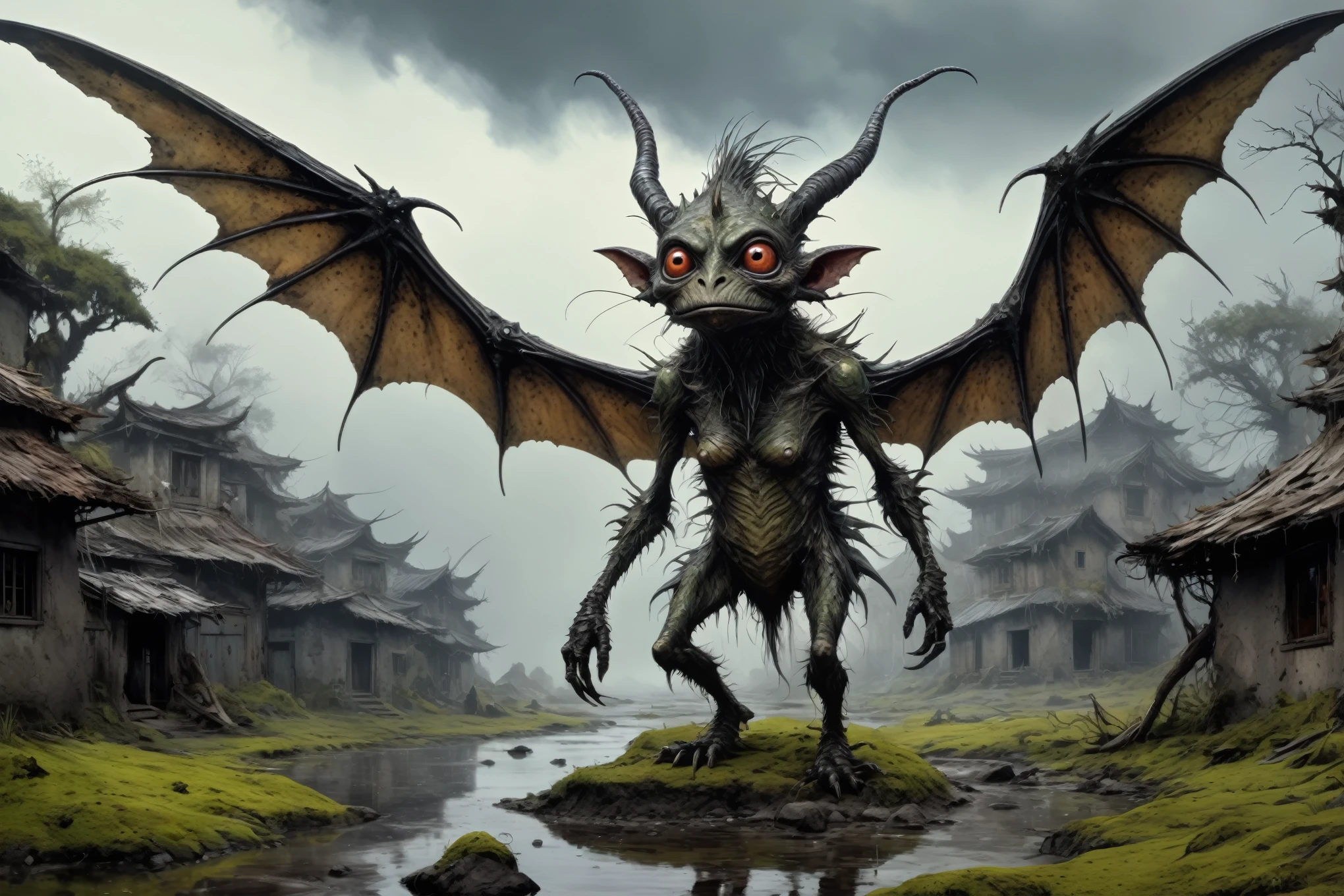 full-body-shot,kobold,natural skin textures, hyper realisitc, hyper detailed,elegant wings,wings Extremely detailed,High contrast,Realistic,Chalsedoon goblin, back view,full body length,sparas,pretty face,intricate details,realistic humid skin,extremely intricate details,anatomically correct, eyes extremely detailed, high detailed eyes,High contrast,Ultra HD,Retina,HDR,photo,photorealism,Masterpiece, natural skin textures, hyper realism,hyper detailed,High contrast,(HDR:1.4),Realism,Ultra Detailed,irina yermolova, close full body shot,16K resolution,RAW, Nikon Z9,Paul Zizka,full body length,niobium goblin,native irish,pretty face,eyebrow up,full body shot,ominous landscape,niobium gray atmosphere,by art Simon Stalenhag,Nicola Samori,(((Wangechi Mutu))),scary complicated village of stalkers,Stone Forest in Yunnan Province of Italia