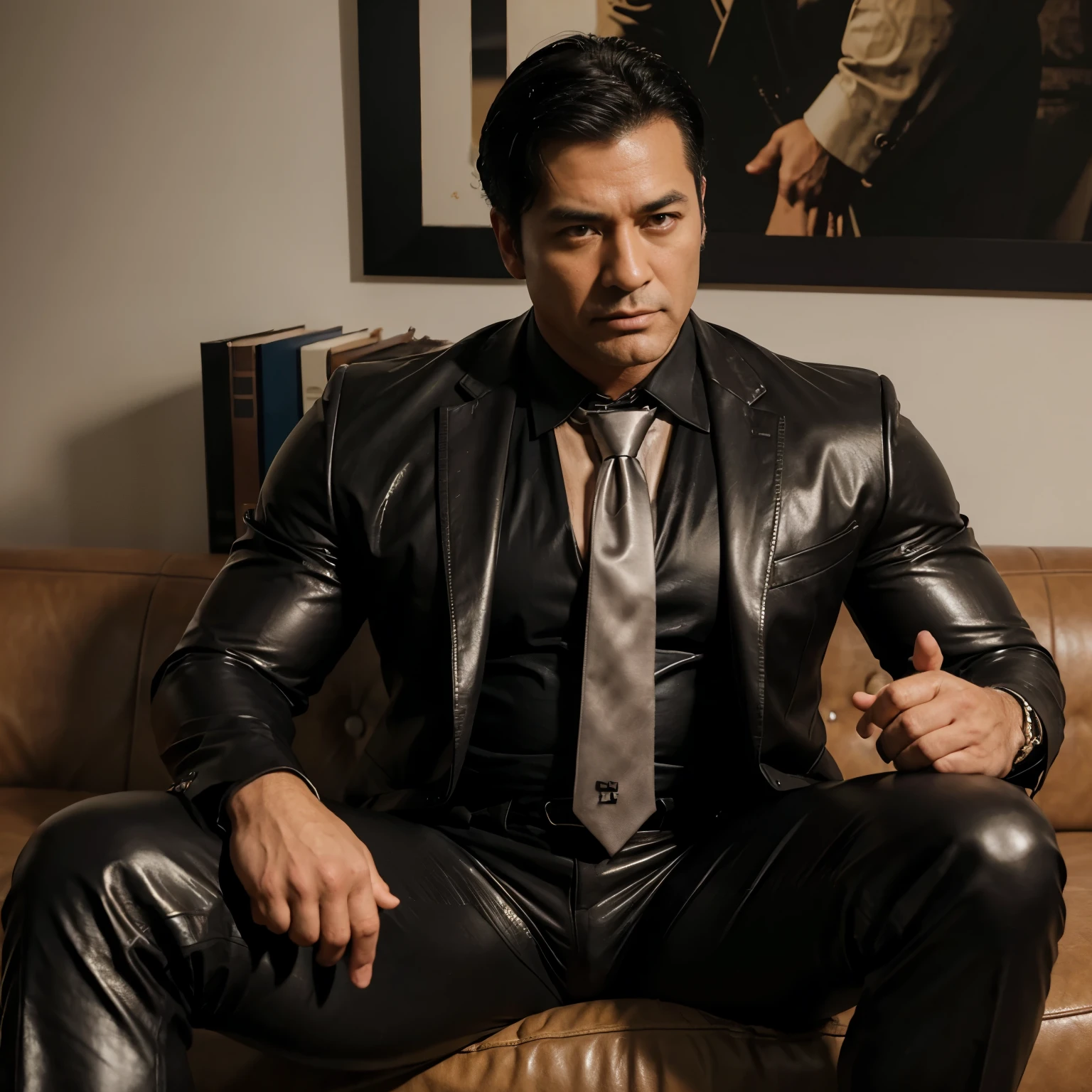 30 years old,daddy,"shiny suit ", wear shirt, pants, waistcoat, necktie, leather trousers man ,Dad sat on sofa,k hd,in the office,"big muscle", gay ,black hair,asia face,masculine,strong man,the boss is,handsome,,leather gloves,lecherous dad,look straight ahead,dad is handsome,dad is handsome ,dad is "horny dad"