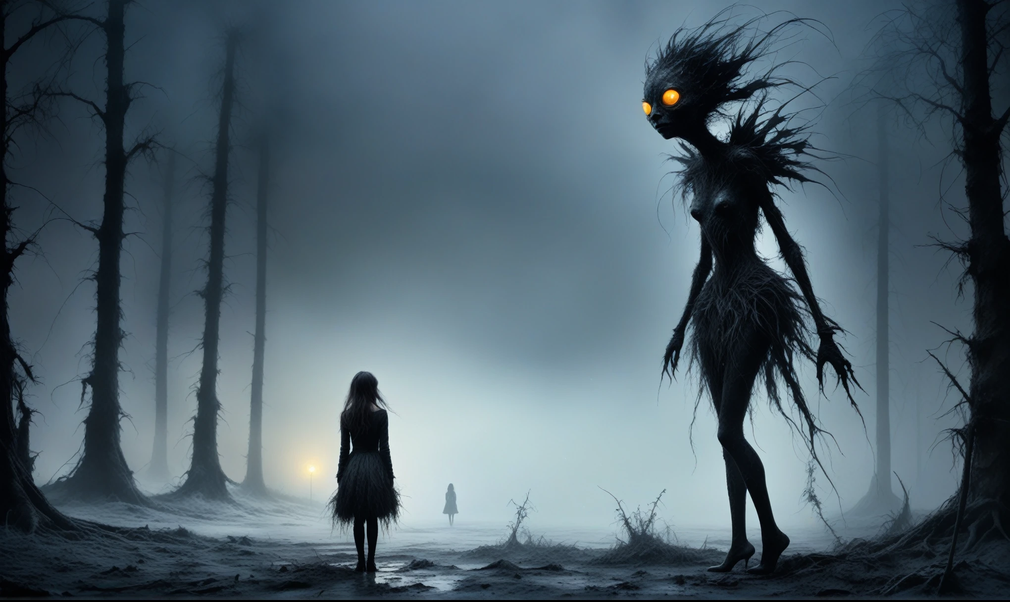 Quentin Blake Style Photography, wlop,full body length,once pretty,full body,bailong plant Caribbean sparas made of dead charcoal plants,charcoal Alien princesse,ominous winter landscape, niobium graphite atmosphere,dangerous atmosphere,intricate details,realistic graphite skin,extremely intricate details,Epic Realistic,At night, light shone on her,anatomically correct,eyes extremely detailed, high detailed eyes,UHD,Retina,HDR,Technicolor,natural skin textures, hyper realism, hyper detailed,High contrast,Realism,Ultra Detailed,irina yermolova,close full body shot, masterpiece,faded,8k resolution,RAW, Nikon Z9,nicola samori,a foggy , horror movie, cinematic look, creepy aesthetic, ultra detailed, photorealistic masterpiece,winter,sunset,middle of a winter forest, matte painting , anton fadeev
