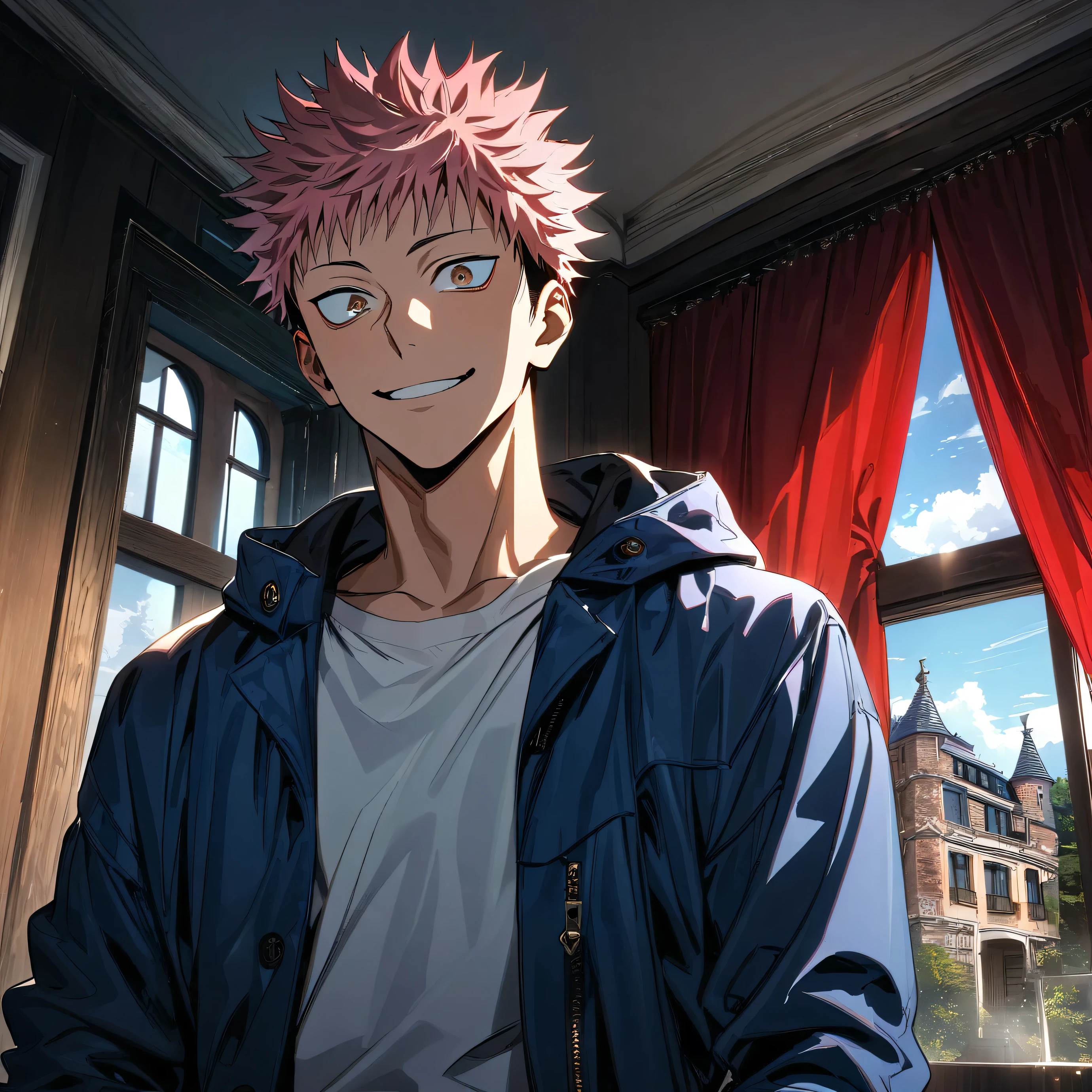 Ultra detailed, Highres, absurdres, HDR, Itadori Yuji, pink hair, brown eyes, blue jacket, white t-shirt, Jujutsu Kaisen, smiling, handsome, mansion, 1 man only, window, red curtains,