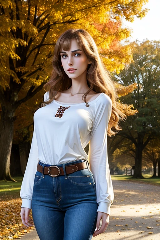 medium cowboy shot, professional photograph, (Jordan Carver:Natalie Portman:0.1), aged 18, young, inquisitive, cute, looking away, (giant tall skinny lanky woman:1.45), sfw, (slim slender arafed narrow woman:1.45), soft lighting, hidden symmetric breasts, denim jeans, long pale tucked-in long-sleeved cotton t-shirt, belt, detailed beautiful bright symmetric eyes, old city park, trees, standing, (near a stone arch bridge over a stony creek:0.8), antique lamppost, sky, auburn hair, autumn leaves, (big huge enormous massive colossal gigantic breasts:1.4), (hair tied back), (big flowing extremely long hair), bangs, outside, canon 5d, (bursting breasts), (skindentation:1.25), cleavage
