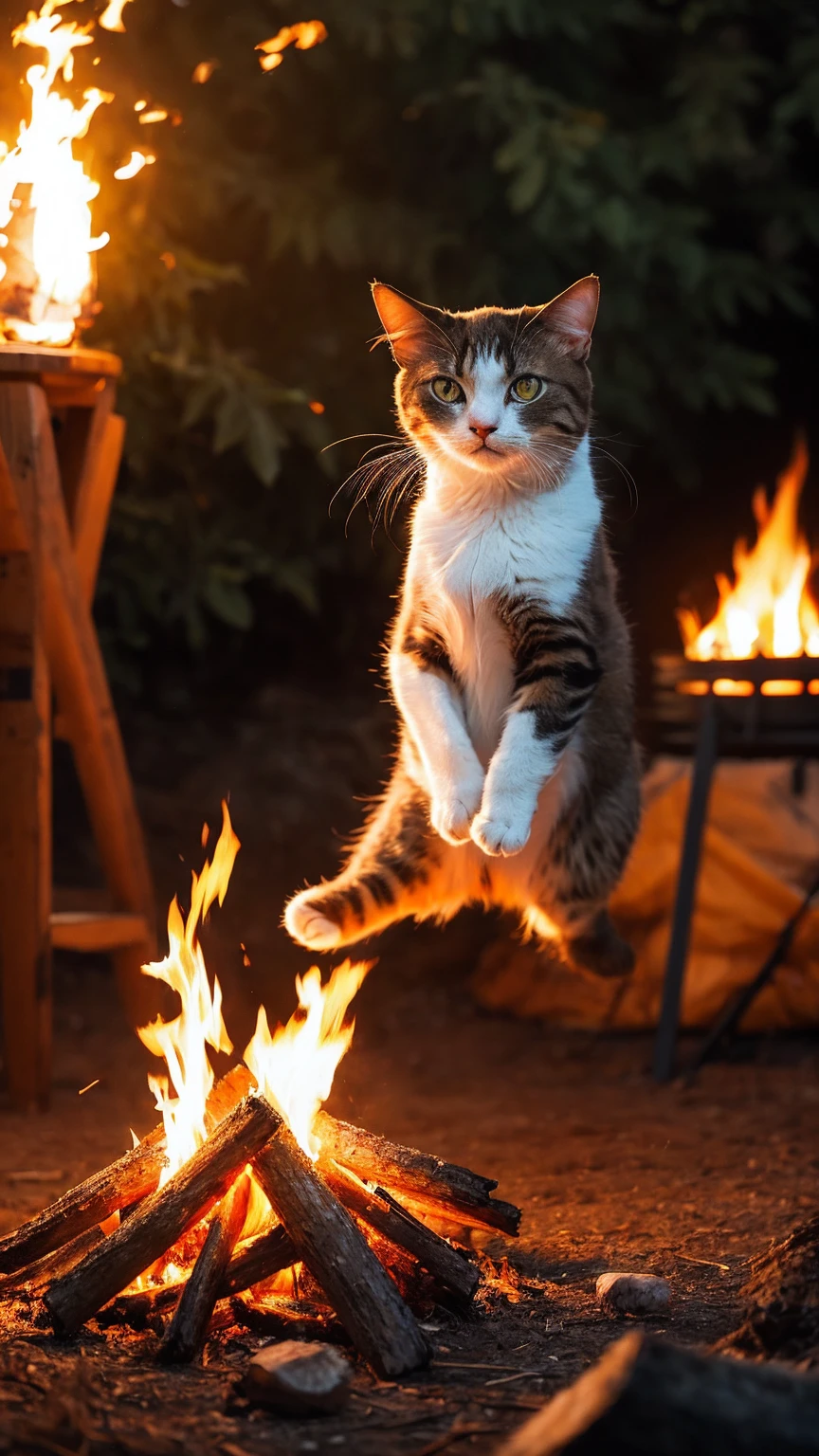 a realistic cat performing breakdance near a campfire, extremely detailed, 8k, hyperrealistic, studio lighting, vibrant colors, dynamic motion blur, dramatic lighting, elegant movements, intricate details, feline anatomy, soft fur, intense expression, mesmerizing choreography, campfire flames, glowing embers, nature background, moody atmosphere