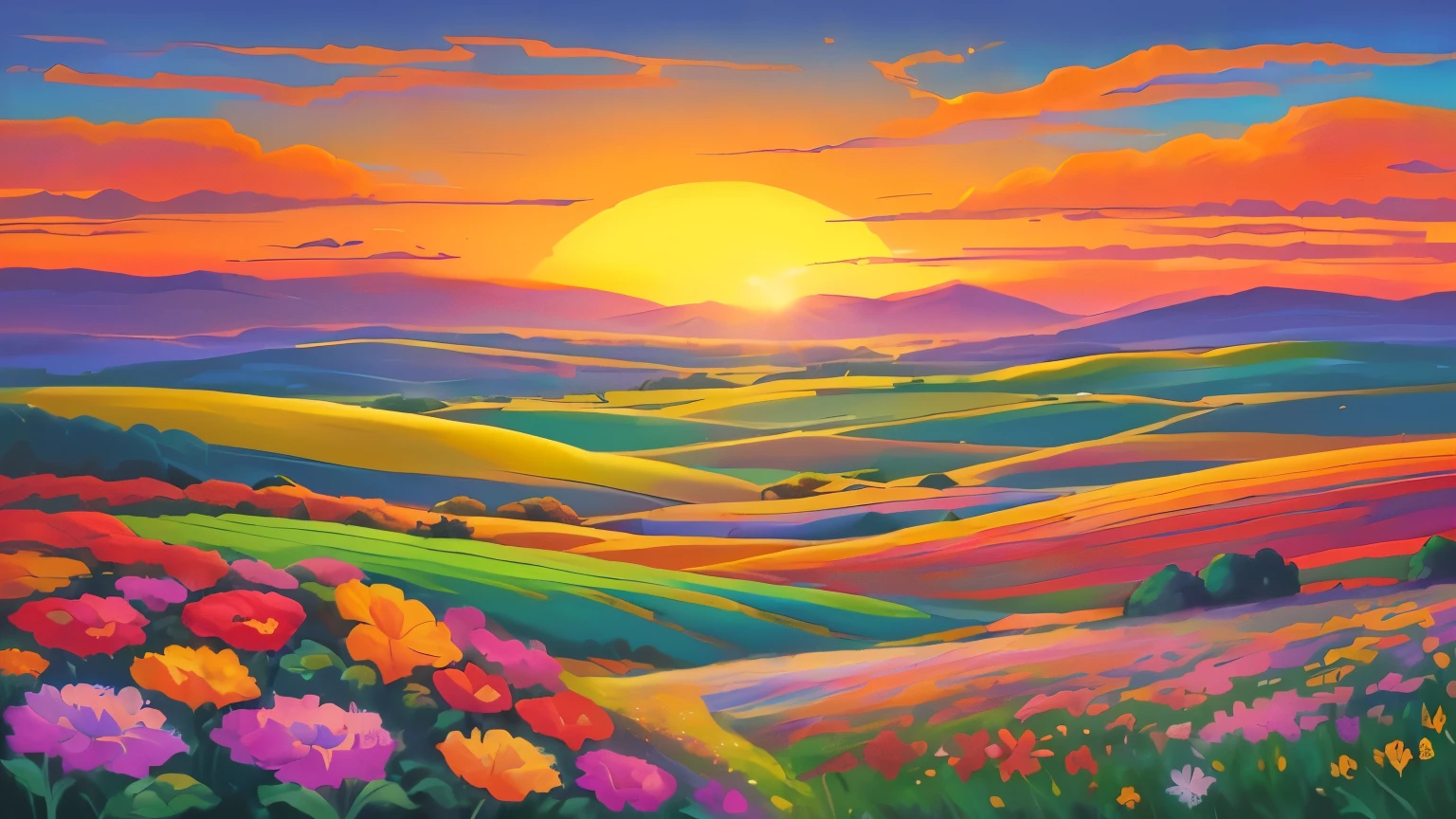 a painting of a colorful sunset with a field of flowers, floral sunset, mythical floral hills, o amanhecer brilhante na campina, sunset in a valley, psychedelic sunset, colorful sunset, psychedelic landscape, campos de flores, nascer do sol vibrante, vibrant sunset, campo de flores de fantasia, cheio de cor w 1024, pintura de paisagem colorida, sunset glow, cena colorida