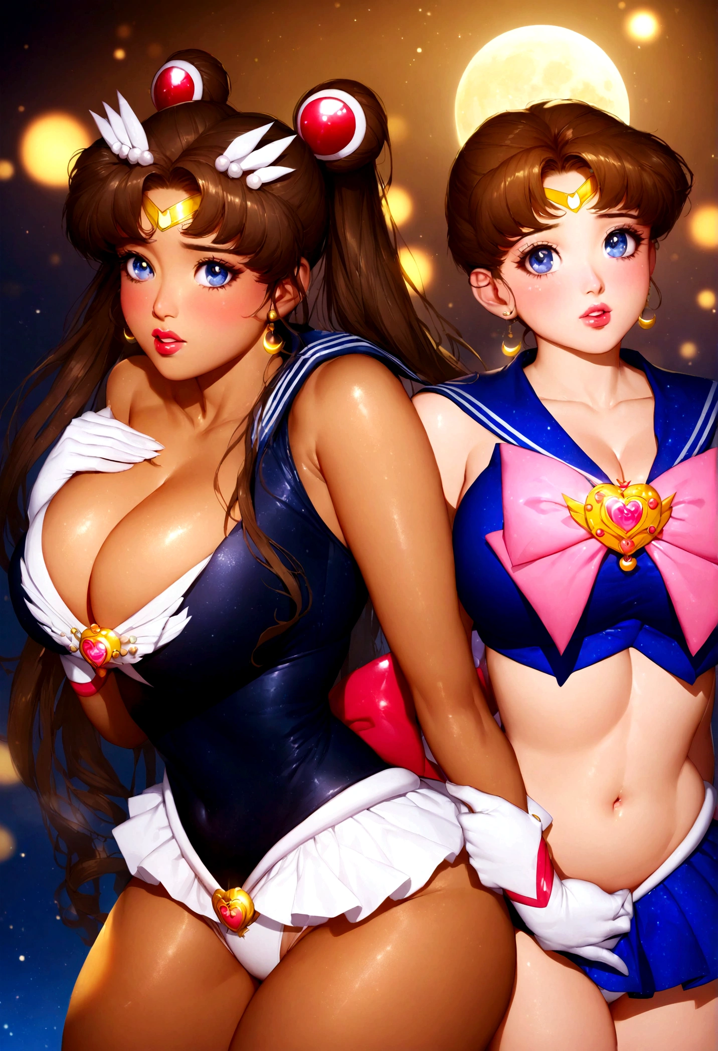 sailor moon, realistic, 1girl, (magical girl:1.4), long dark brown hair, (gold opal eyes), (crystals, shimmer bokeh), (gothic:1.4)style sailor scout uniform, (big breasts:1.25), cleavage, wide hips, small waist, white panties, tan skin, collarbone, parted lips, makeup, blush, shiny skin, night, reflection, full moon, moonlight, rose