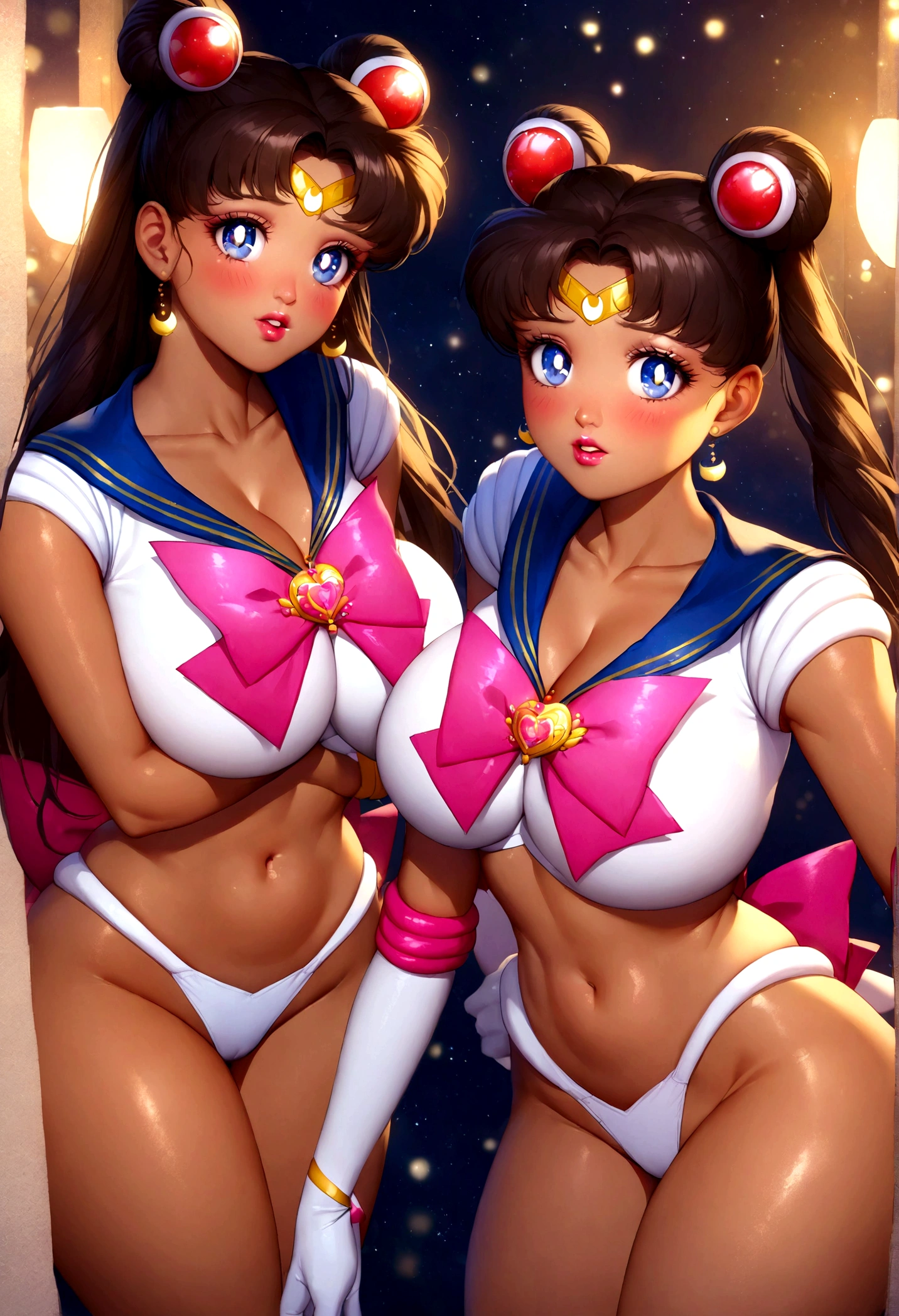 sailor moon, realistic, 1girl, (magical girl:1.4), long dark brown hair, (gold opal eyes), (crystals, shimmer bokeh), (gothic:1.4)style sailor scout uniform, (big breasts:1.25), cleavage, wide hips, small waist, white panties, tan skin, collarbone, parted lips, makeup, blush, shiny skin, night, reflection, full moon, moonlight, rose