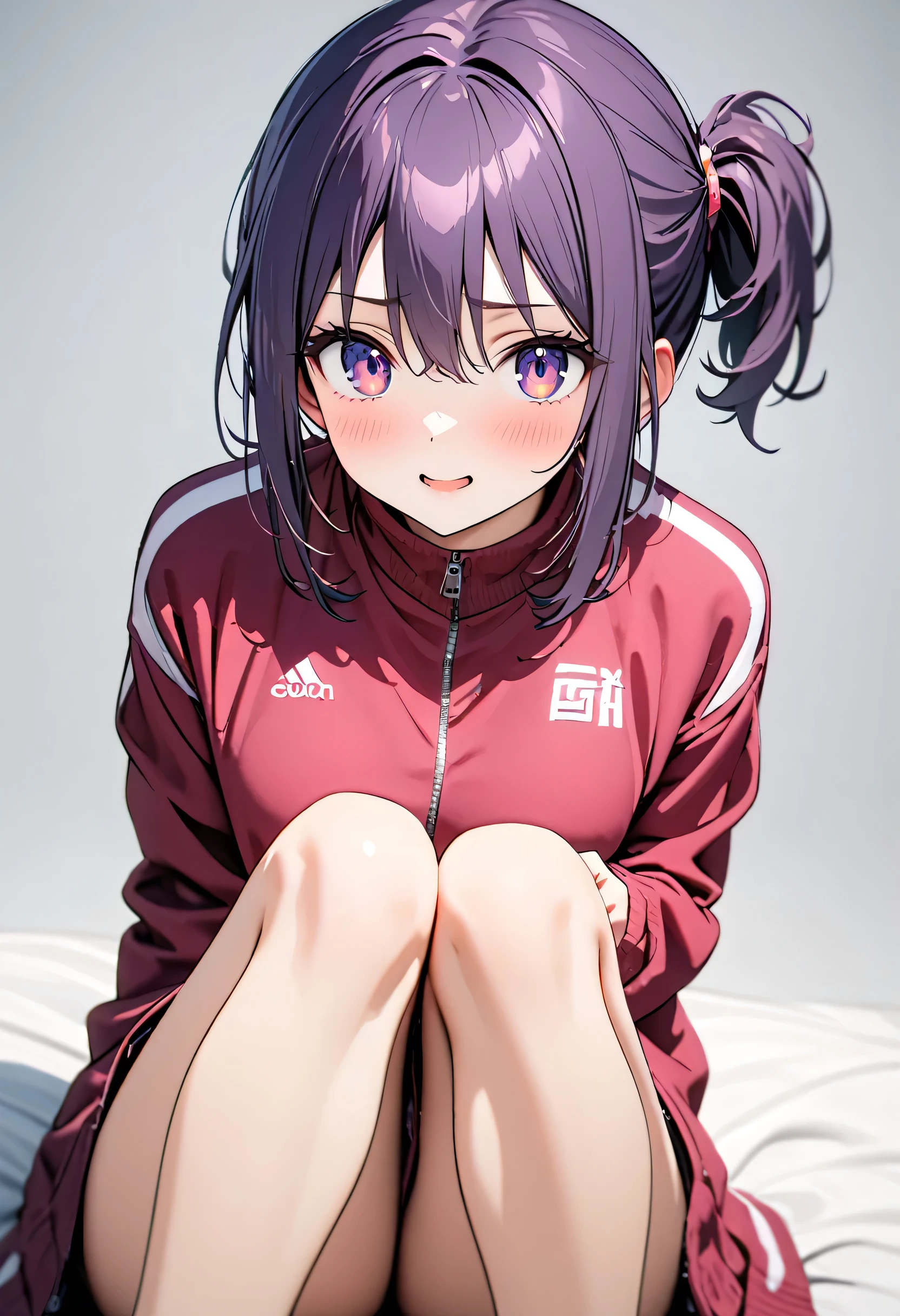 (highest quality,8k,High resolution, masterpiece:1.2), Super detailed, High resolution、One Girl、Dark purple hair color、semi-long、There are some stylish pink lines in her hair.、Short Ponytail、Hair between the eyes、Big purple eyes、Beautiful crystal eyes、older sister、Top jersey、Jacket size XL、hot pants、Beautiful feet、Thin legs、Naughty expression、Mocking look