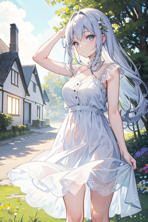 masterpiece, best quality,A beautiful woman with light delicately filtering through her hair, her summer dress is beautiful and she's standing in front of a cottage