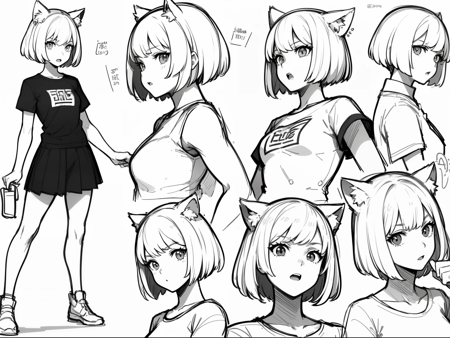 Big cat ears headband,Short T-shirt,Simple skirt ,(((Dynamic pose))),((Open mouth expression)) , ((masterpiece)),(((highest quality))),((((sketch)))),((Monochrome)),(Character design sheet), same characters, front, ~ side, return), figure, 1 girl, hair color, bangs, Short Hair, eye, Environmental change scene, Hairstyle Fax, Pose Jitai, woman, Shirt Chansey, star, Shartan Betalora, (simple returnground, white returnground: 1.3), --6