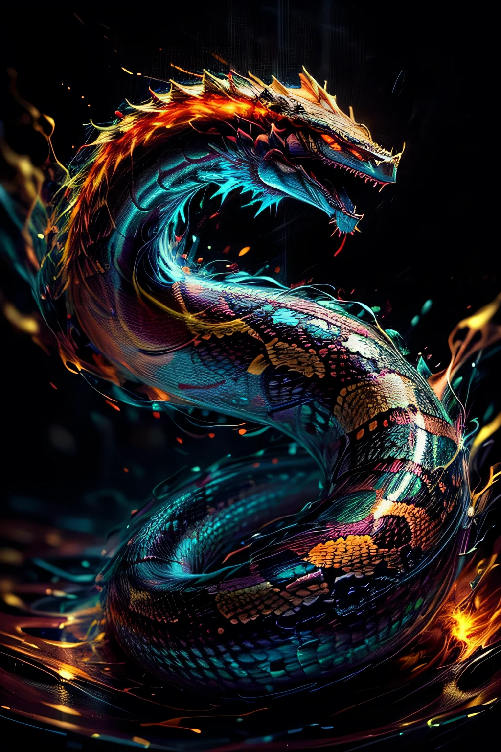 a close up of a snake with fire in its mouth, flaming snake of fire, flaming dragon snake of fire, dragon snake with wings, snake, 8k octae rendering photo, highly detailed tendrils of fire, snake, snake art, the hydra from the path of exile, mixed with snake, Fire dragon, coiled realistic snakes, by Adam Marczyński, forest trees in the background, nature, trees background, plants background