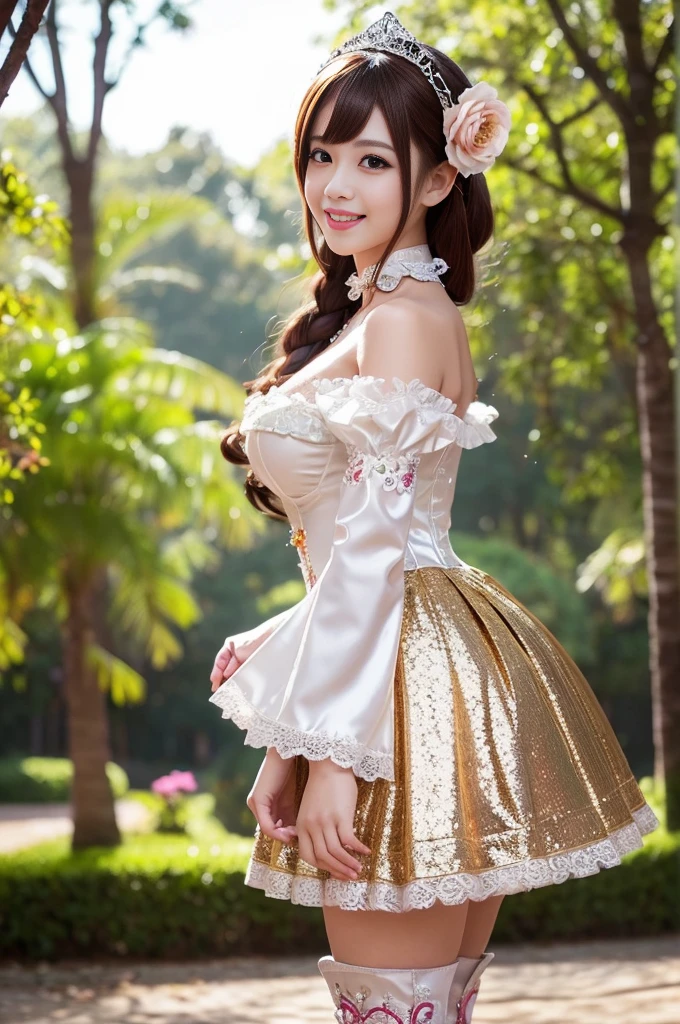 (nsfw), sexy stylish Thai princess, only 1 female, ((doll-like appearance)), short Auburn stylish hair, ((shiny Victorian-Style boots)), (big smile), ultra detailed eyes, vivid makeup, lipgloss, long lashes, defined eyebrows, ((sexy Paradise Kiss cosplay)), bell-shaped skirt, petticoats, high neckline, puffed sleeves, ((ultra detailed lace)), ((ultra detailed embroidery)), intricate details, Paradise Kiss accessoires and matching headpiece, choker, ((large sparkling Paradise Kiss jewelry)), cinematic light, detailed large park background with trees