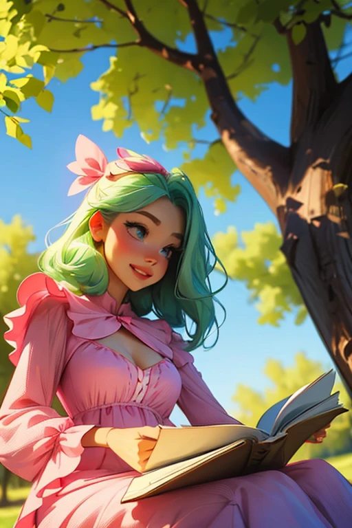 A light green haired woman with pink eyes and an hourglass figure in a pink lolita dress is smiling while reading underneath a tree 