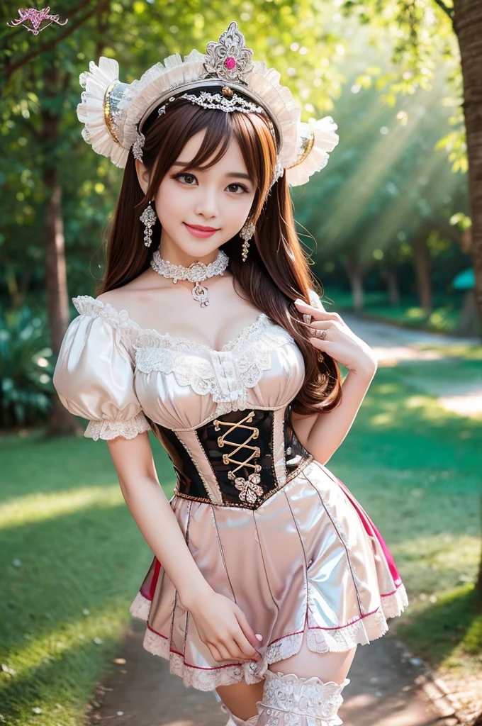 (nsfw), sexy stylish Thai princess, only 1 female, ((doll-like appearance)), short Auburn stylish hair, ((shiny Victorian-Style boots)), (big smile), ultra detailed eyes, vivid makeup, lipgloss, long lashes, defined eyebrows, ((sexy Paradise Kiss cosplay)), bell-shaped skirt, petticoats, high neckline, puffed sleeves, ((ultra detailed lace)), ((ultra detailed embroidery)), intricate details, Paradise Kiss accessoires and matching headpiece, choker, ((large sparkling Paradise Kiss jewelry)), cinematic light, detailed large park background with trees