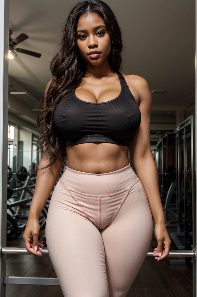 1woman, black woman, busty woman, fat black woman, 25 year old woman, hot woman, Brazilian/African/Philippines model, beautiful, model, gym clothes (leggings, crop top) gymclothes for woman, great figure, perfect proportions, curly brown hair with dark brown lowlights, dark-brown lowlights, brown hair, long brown hair, long curly beautiful hair with dark-brown lowlights, brown eyes, perfect beautiful brown eyes, detailed brown eyes, majestic woman great figure, Brazilian/African/Philippines, brown skinned woman, light pink lipstick, perfect face, square face, face shape square, cemeterial face, great body, beautiful body perfect face with brown eyes blond hair with dark-brown highlights light pink lipstick Brazilian/African/Philippines gym clothes (leggings, crop top), dark brown skin, great tanned skin (Thick body, great figure, big boobs, large curves, busty woman)(thick black woman, busty black woman, black woman, dark brown) BREAK highly realistic, perfect image, realistic image, photorealistic, real image, real photo 8k image, high-resolution. [thick black woman with, perfect hands, perfect legs, perfect proportions, heavy woman, perfect face, black woman]
