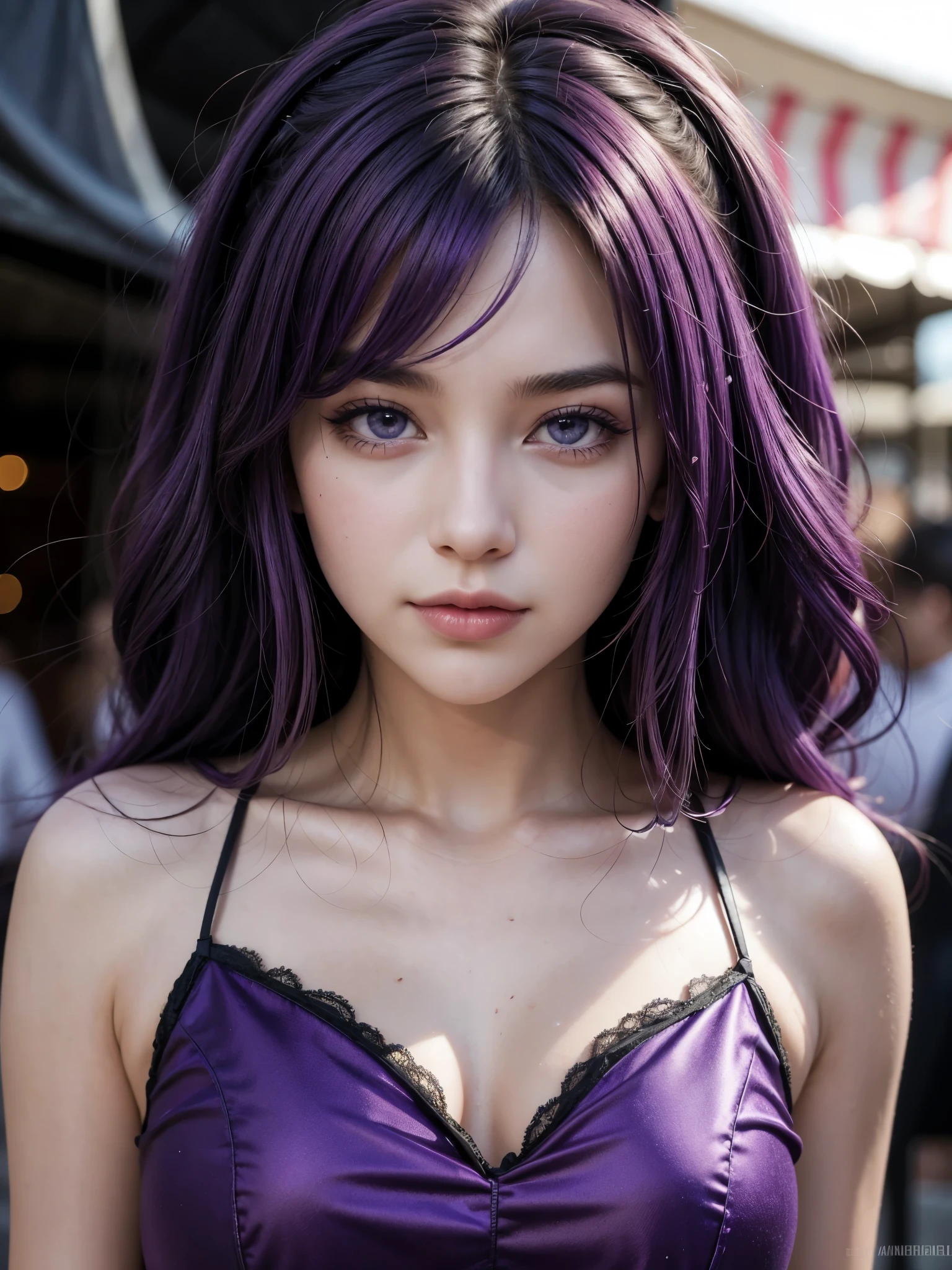 Hot woman, purple hair, purple eyes, carnival