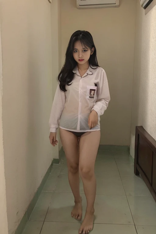 (pp clothes), (realistic), girl showing her panty, show underwear, wear underwear, visible underwear, Indonesian face, dark room situation, Indonesia Girl sees the ghost and pees herself in fright, incontinence, panty are wet.