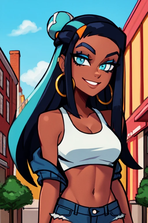 masterpiece, best quality, highly detailed, (Detailed face:1.2), (Detailed eyes:1.2), 1girl, solo, nessacasual, dark-skinned female, dark skin, blue eyes, aqua eyes, long hair, black hair, blue hair, aqua hair, multicolored hair, two-tone hair, hair bun, single hair bun, eyeshadow, slim feminine figure, medium breasts, arrogant smile, opened blue jacket, black tank-top, ((midriff)), cleavage, denim short-shorts, hoop earrings, outdoors, city street
