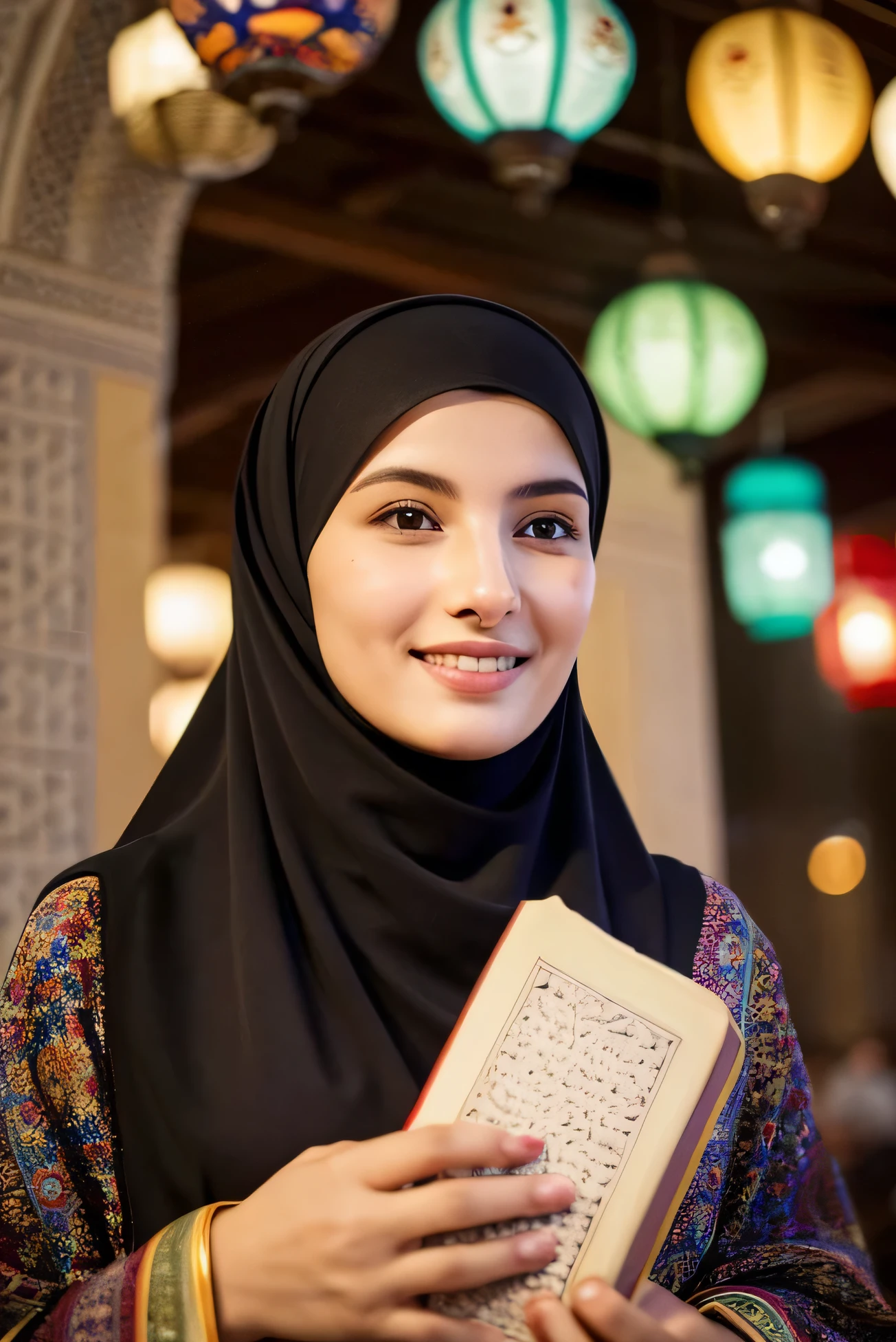 real photo A beautiful 25-year-old woman wearing a black covered headscarf is holding a Quran in her hand, looking up at the camera with a calm smiling expression in the evening. The background is a magnificent mosque with a colorful Ramadan banner and several lanterns, the result is clean, detailed, lexica camera, HD Quality.