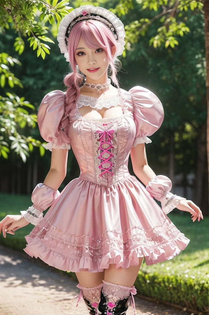 (nsfw), sexy stylish Swedish model, only 1 female, ((doll-like appearance)), short neon pink stylish hair, ((shiny Victorian-Style boots)), (big smile), ultra detailed eyes, vivid eye makeup, lipgloss, long lashes, defined eyebrows, ((sexy Paradise Kiss cosplay)), bell-shaped skirt, petticoats, high neckline, puffed sleeves, ((ultra detailed lace)), ((ultra detailed embroidery)), intricate details, Paradise Kiss accessoires and matching headpiece, choker, ((large sparkling Paradise Kiss jewelry)), cinematic light, detailed large park background with trees