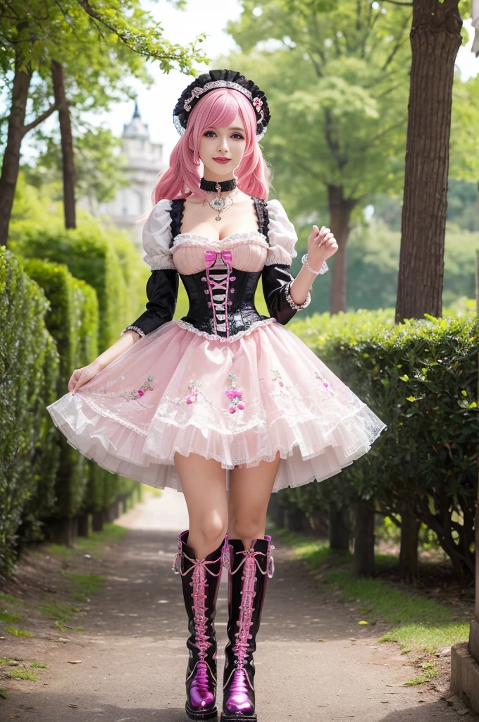 (nsfw), sexy stylish Swedish model, only 1 female, ((doll-like appearance)), short neon pink stylish hair, ((shiny Victorian-Style boots)), (big smile), ultra detailed eyes, vivid eye makeup, lipgloss, long lashes, defined eyebrows, ((sexy Paradise Kiss cosplay)), bell-shaped skirt, petticoats, high neckline, puffed sleeves, ((ultra detailed lace)), ((ultra detailed embroidery)), intricate details, Paradise Kiss accessoires and matching headpiece, choker, ((large sparkling Paradise Kiss jewelry)), cinematic light, detailed large park background with trees