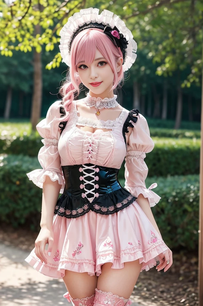 (nsfw), sexy stylish Swedish model, only 1 female, ((doll-like appearance)), short neon pink stylish hair, ((shiny Victorian-Style boots)), (big smile), ultra detailed eyes, vivid eye makeup, lipgloss, long lashes, defined eyebrows, ((sexy Paradise Kiss cosplay)), bell-shaped skirt, petticoats, high neckline, puffed sleeves, ((ultra detailed lace)), ((ultra detailed embroidery)), intricate details, Paradise Kiss accessoires and matching headpiece, choker, ((large sparkling Paradise Kiss jewelry)), cinematic light, detailed large park background with trees