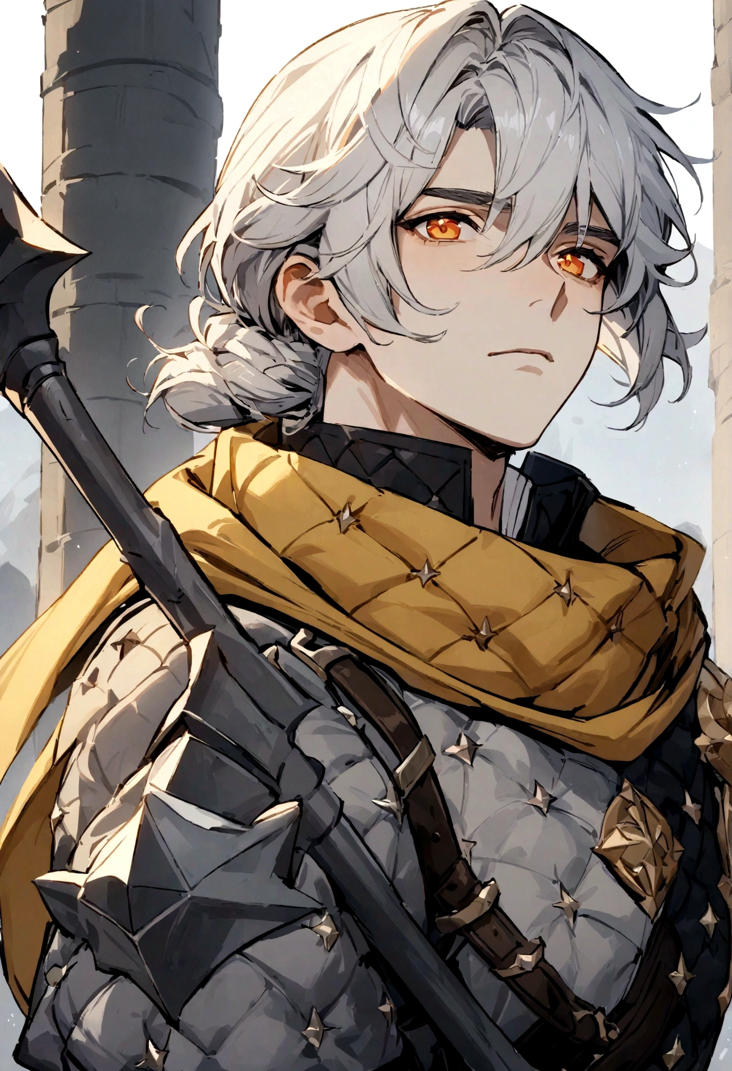 (masterpiece), best quality, expressive eyes, perfect face, Male, dark grey armor, white gambeson, yellow scarf, orange eyes, silver hair, middle part hairstyle, male, holding spear, handsome, genshin style, waist up view, Brigandine, upper body view