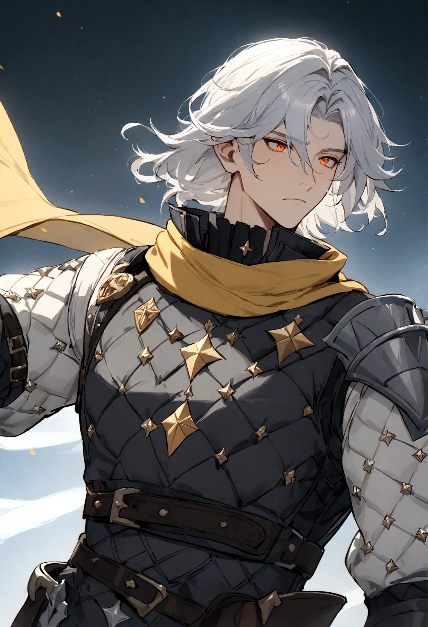 (masterpiece), best quality, expressive eyes, perfect face, Male, dark grey armor, white gambeson, yellow scarf, orange eyes, silver hair, middle part hairstyle, male, holding spear, handsome, genshin style, waist up view, Brigandine, upper body view