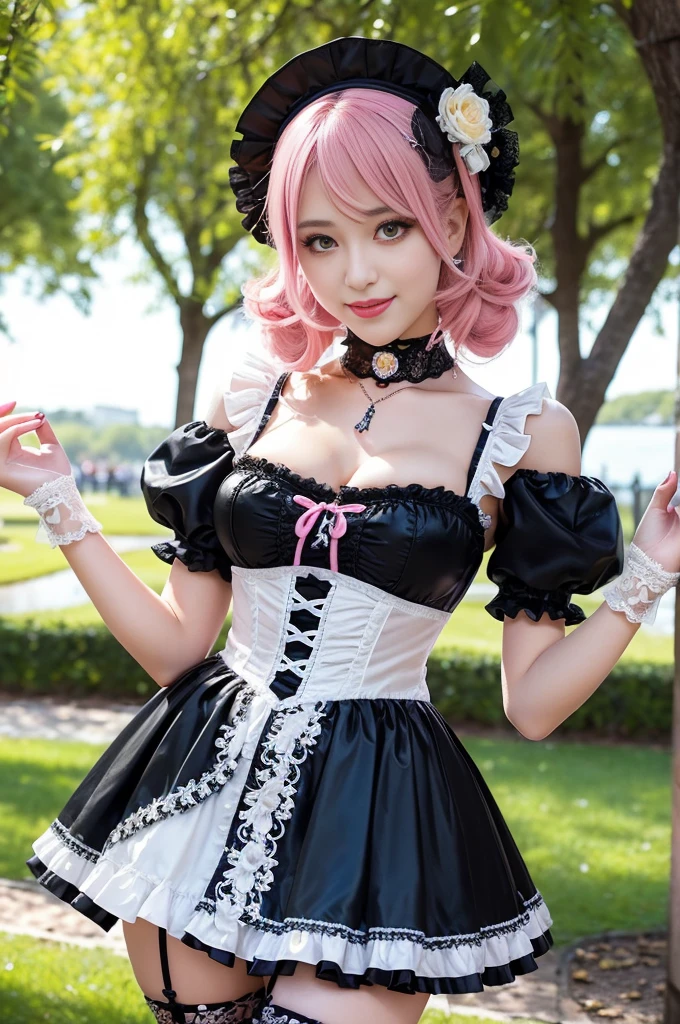 (nsfw), sexy stylish Swedish model, only 1 female, ((doll-like appearance)), short neon pink stylish hair, ((shiny Victorian-Style boots)), (big smile), ultra detailed eyes, vivid eye makeup, lipgloss, long lashes, defined eyebrows, ((sexy Paradise Kiss cosplay)), bell-shaped skirt, petticoats, high neckline, puffed sleeves, ((ultra detailed lace)), ((ultra detailed embroidery)), intricate details, Paradise Kiss accessoires and matching headpiece, choker, ((large sparkling Paradise Kiss jewelry)), cinematic light, detailed large park background with trees