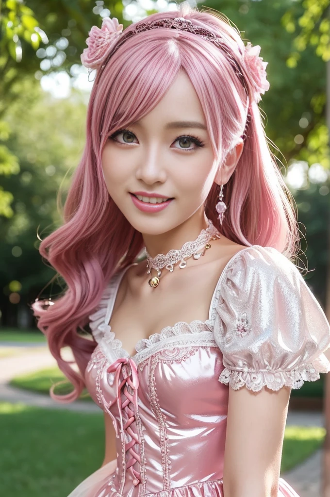 (nsfw), sexy stylish Swedish model, only 1 female, ((doll-like appearance)), short neon pink stylish hair, ((shiny Victorian-Style boots)), (big smile), ultra detailed eyes, vivid eye makeup, lipgloss, long lashes, defined eyebrows, ((sexy Paradise Kiss cosplay)), bell-shaped skirt, petticoats, high neckline, puffed sleeves, ((ultra detailed lace)), ((ultra detailed embroidery)), intricate details, Paradise Kiss accessoires and matching headpiece, choker, ((large sparkling Paradise Kiss jewelry)), cinematic light, detailed large park background with trees