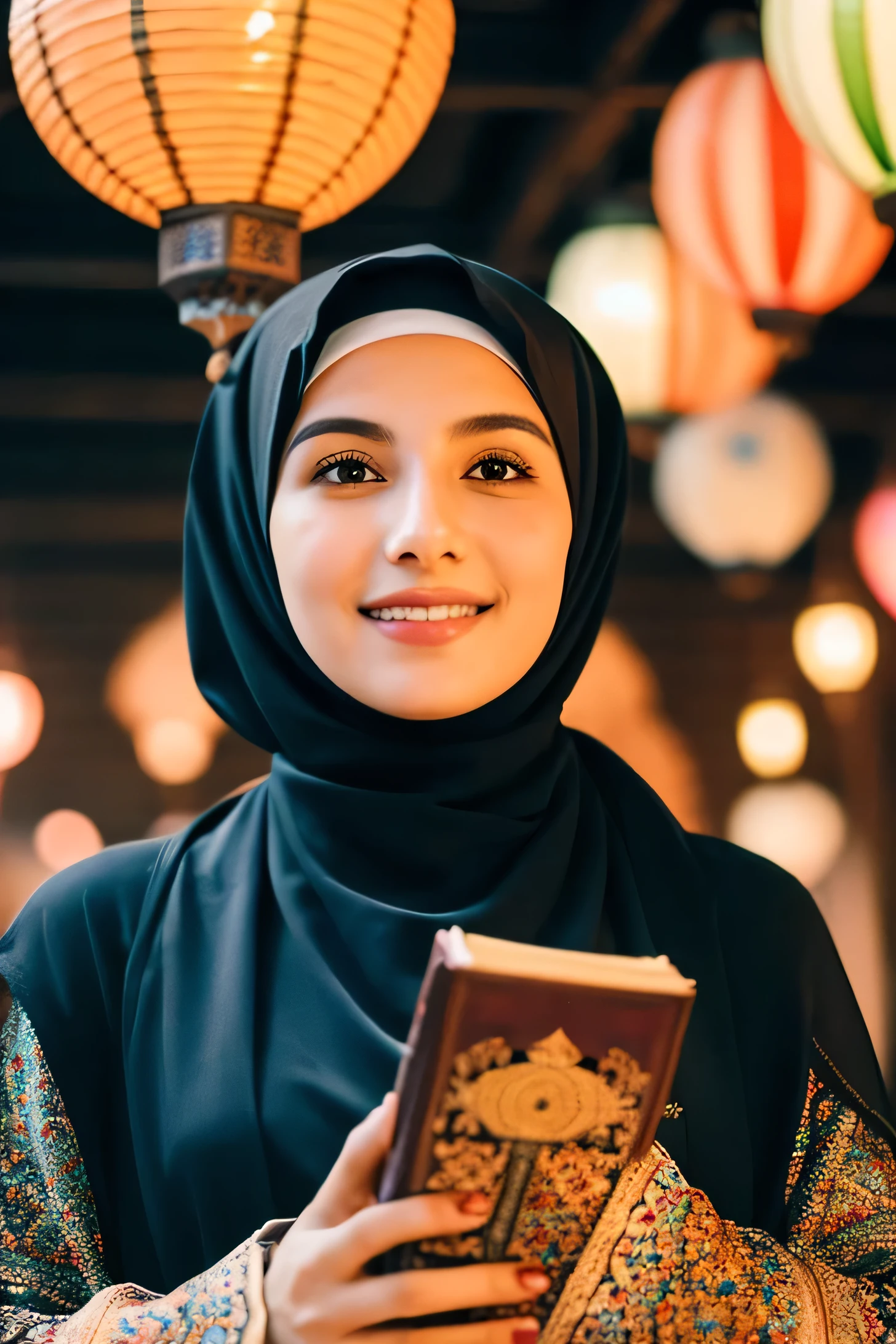 real photo A beautiful 25-year-old woman wearing a black covered headscarf is holding a Quran in her hand, looking up at the camera with a calm smiling expression in the evening. The background is a magnificent mosque with a colorful Ramadan banner and several lanterns, the result is clean, detailed, lexica camera, HD Quality.