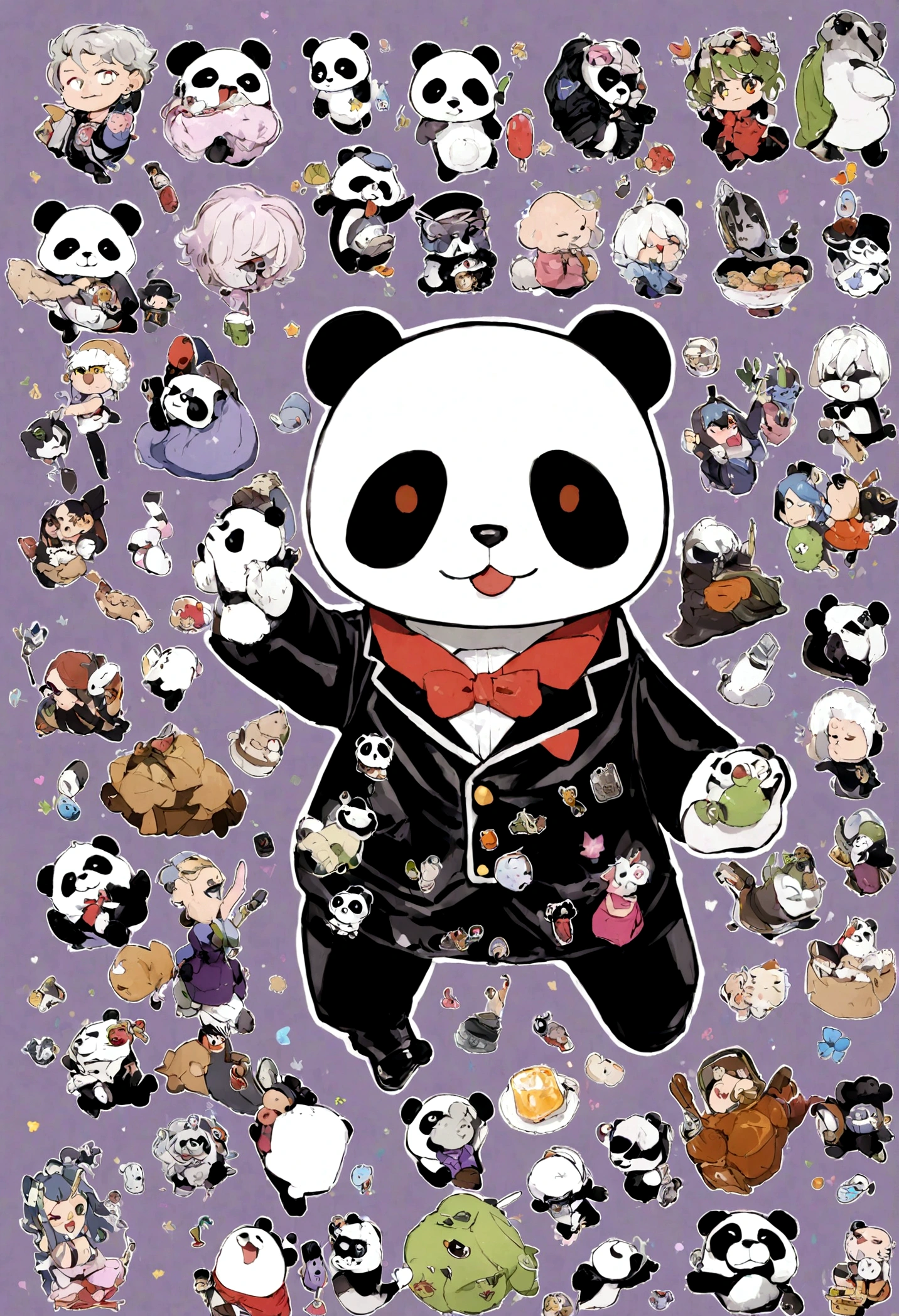 anthropomorphic panda, de cuerpo entero, vestido formalmente con un blazer, sostiene una bandeja, pegatina de panda, sticker de panda.