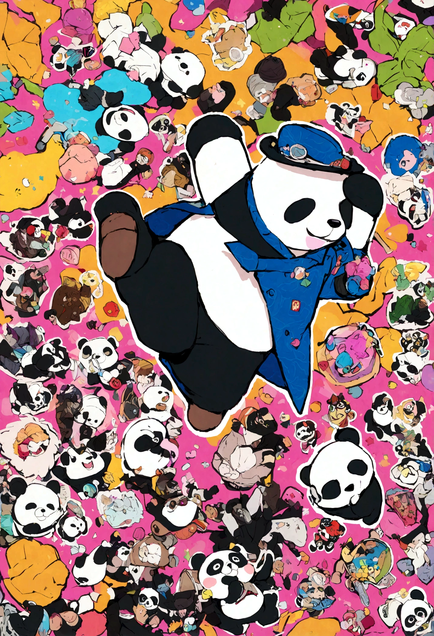 anthropomorphic panda, de cuerpo entero, vestido formalmente con un blazer, sostiene una bandeja, pegatina de panda, sticker de panda.