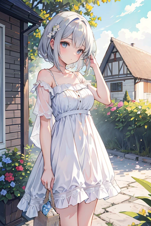 masterpiece, best quality,A beautiful woman with light delicately filtering through her hair, her summer dress is beautiful and she's standing in front of a cottage