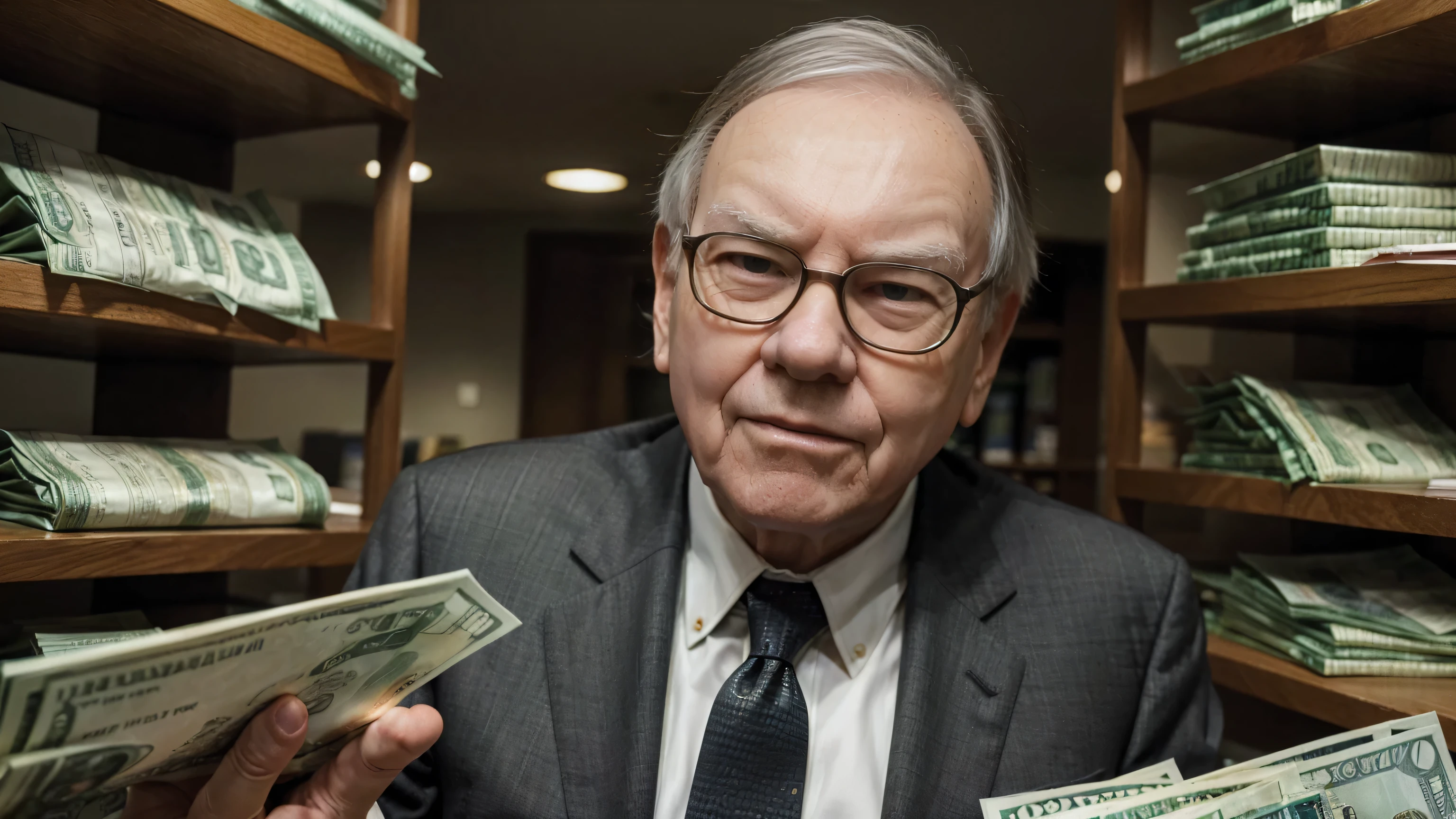 Warren Buffett, A detailed and realistic image of a stranger in a suit, Surrounded by a flurry of dollar bills, ultra realistic image, hyper detailed realistic skin,Search for a 《Financial Formula》 A book as the center.