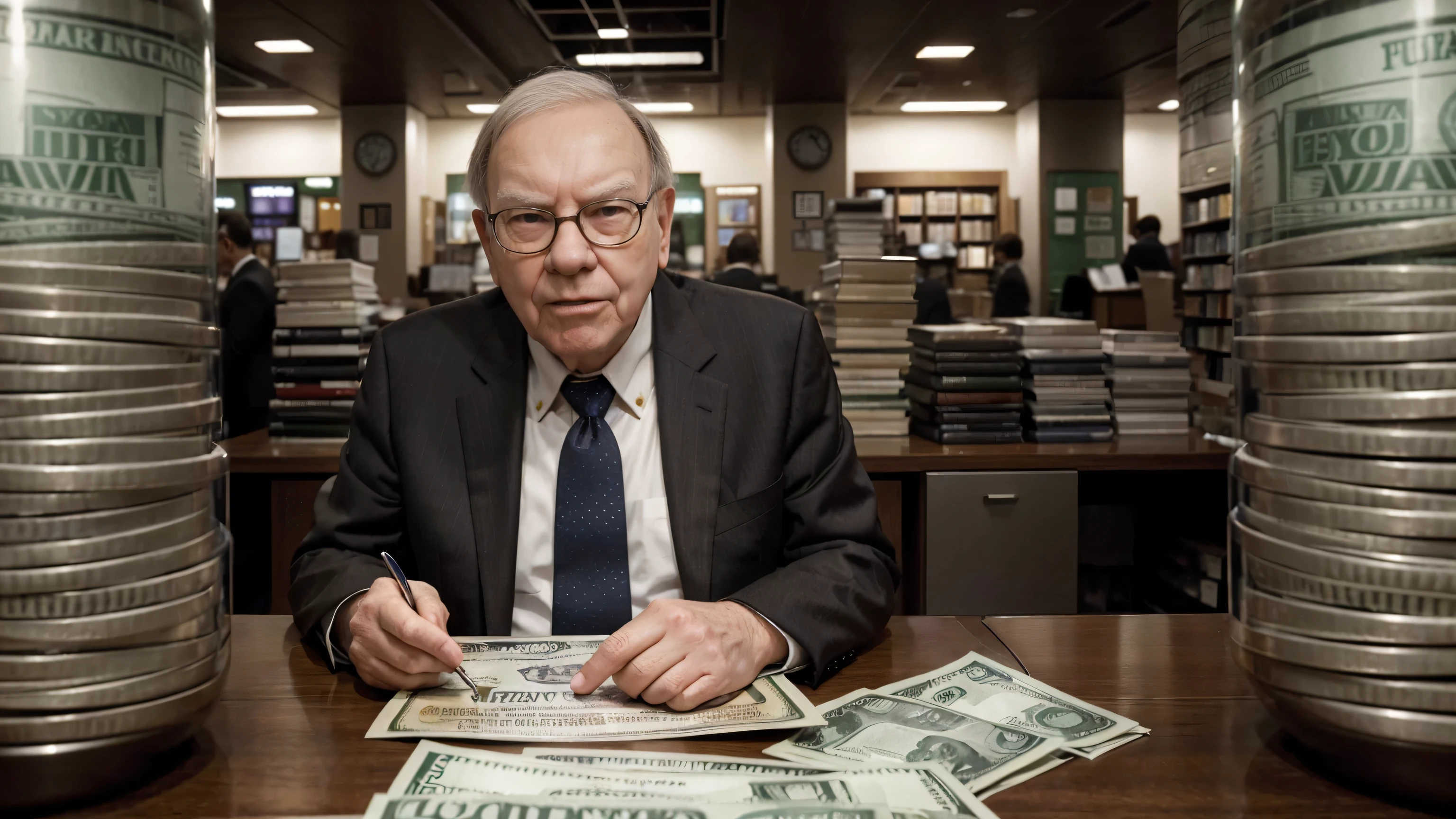 Warren Buffett, A detailed and realistic image of a stranger in a suit, Surrounded by a flurry of dollar bills, ultra realistic image, hyper detailed realistic skin,Search for a 《Financial Formula》 A book as the center.