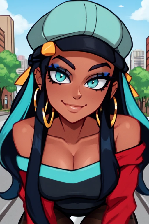 masterpiece, best quality, (Detailed face:1.2), (Detailed eyes:1.2), solo, 1girl, nessacasual, dark skin, makeup, aqua eyes, long hair, black hair, blue hair, aqua hair, multicolored hair, two-tone hair, hair bun, single hair bun, eyeshadow, slim feminine figure, medium breasts, arrogant smile, grey cabbie hat, red shirt, off shoulder, collarbone exposed, cleavage, black lycra short skirt, pantyhose, hoop earrings, black high-heels, hoop earrings, outdoors, city street