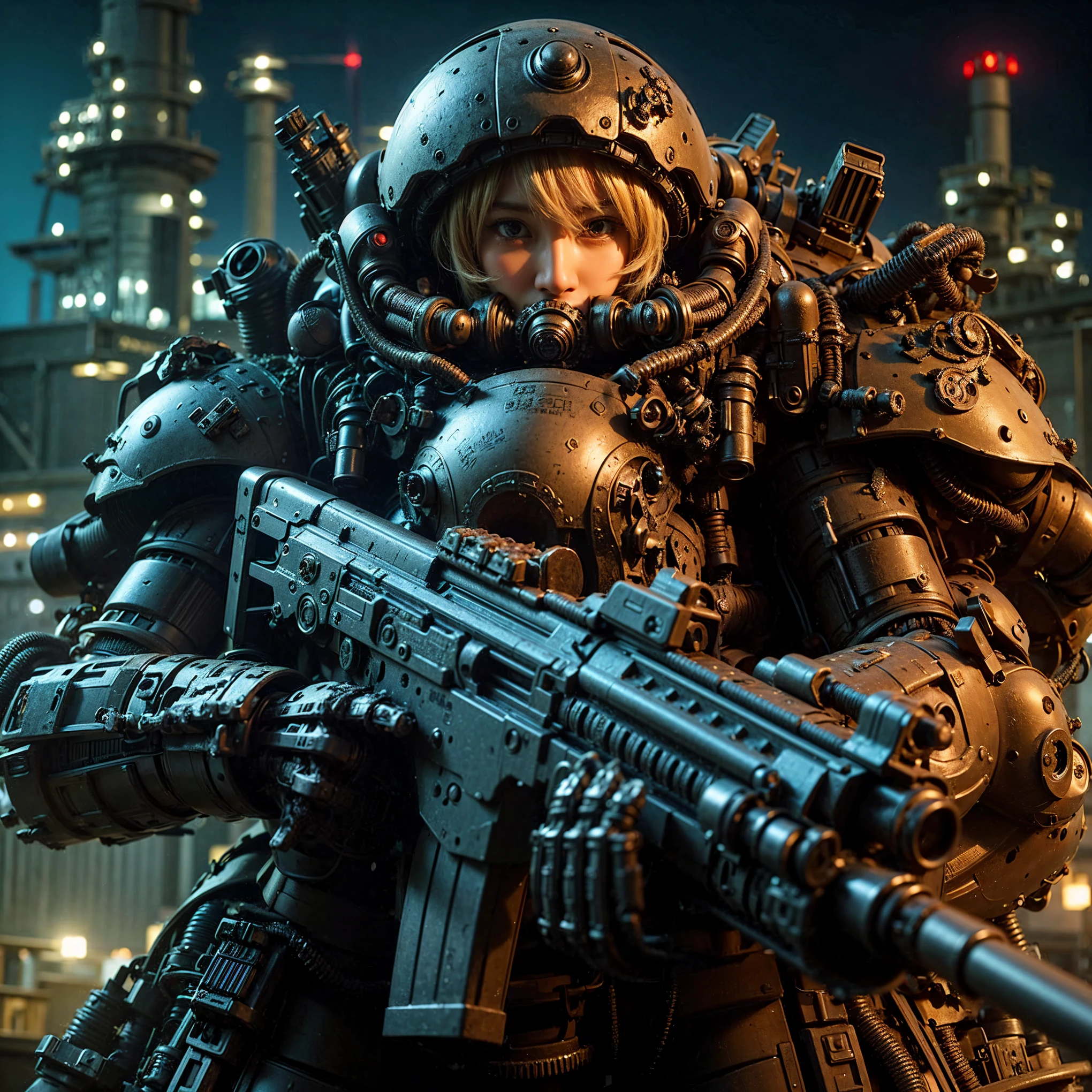 (extremely intricate all details)、(extremely realistic all Texture) 、glossy Texture、Navy blue heavy mechanical armor resembling a pillbug, designed by Hajime Katoki、1 person、Beautiful female soldier、Multi-legged、Heavyweight、Heavy Armor、Firearms、Ultra-realistic、Full Body Shot、Night view of the bayside industrial area、Spotlight lighting to illuminate characters、Please generate at least 4 copies.