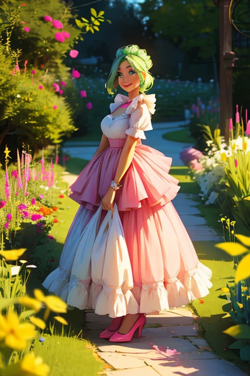 A light green haired woman with pink eyes and an hourglass figure in a pink lolita dress is tending to a garden with a big smile