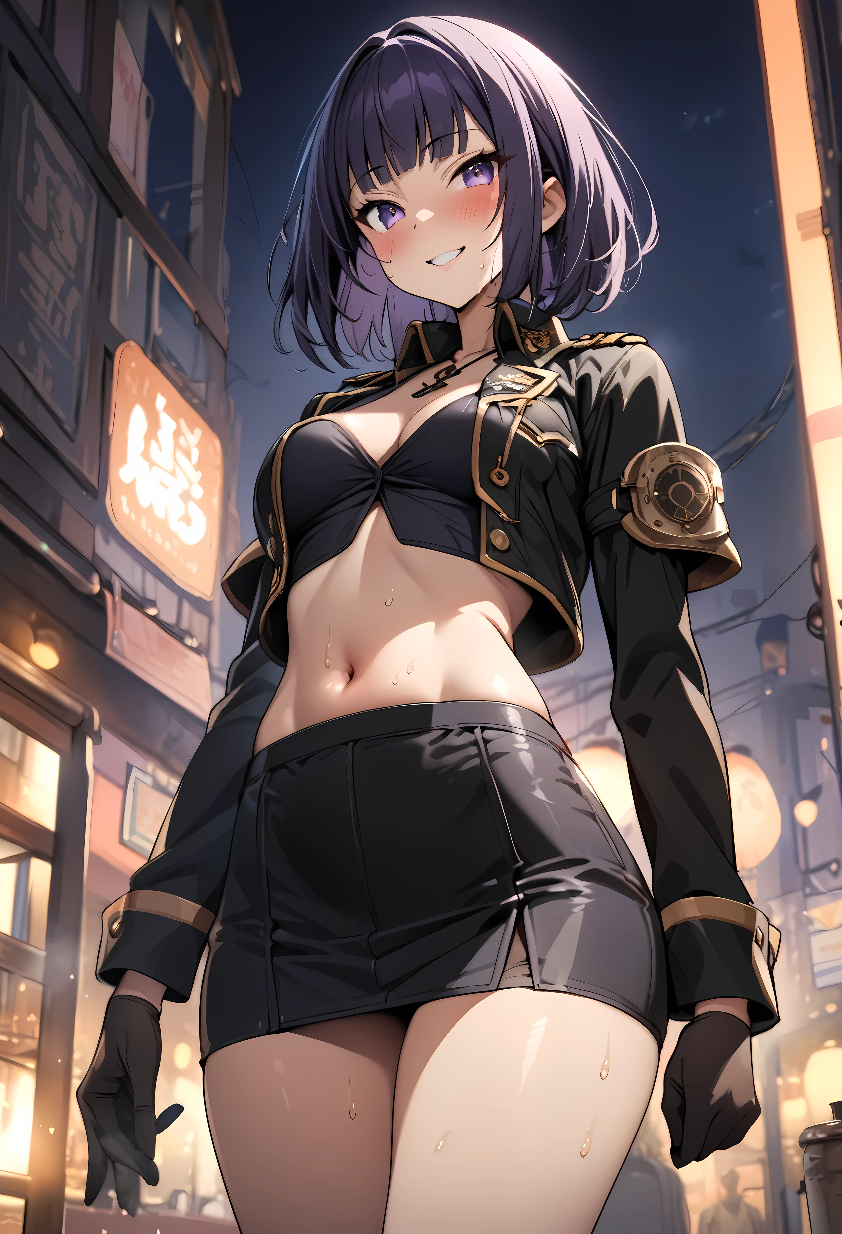 (((masterpiece, highest quality:1.3))),cowboy shot,20 year old beauty,female soldier, ((Navy officer in black uniform、Cropped jacket、navel、Black tight mini skirt)),solo,(very small head),dark purple hair,short bob hair,blunt bangs,purple eyes,blush,smile,medium breasts,(very long body,slender body),skinny,gleaming skin,oily skin,sweat,standing,at night、Moonlight shining in、taisho steampunk、Tokyo in the Taisho era、