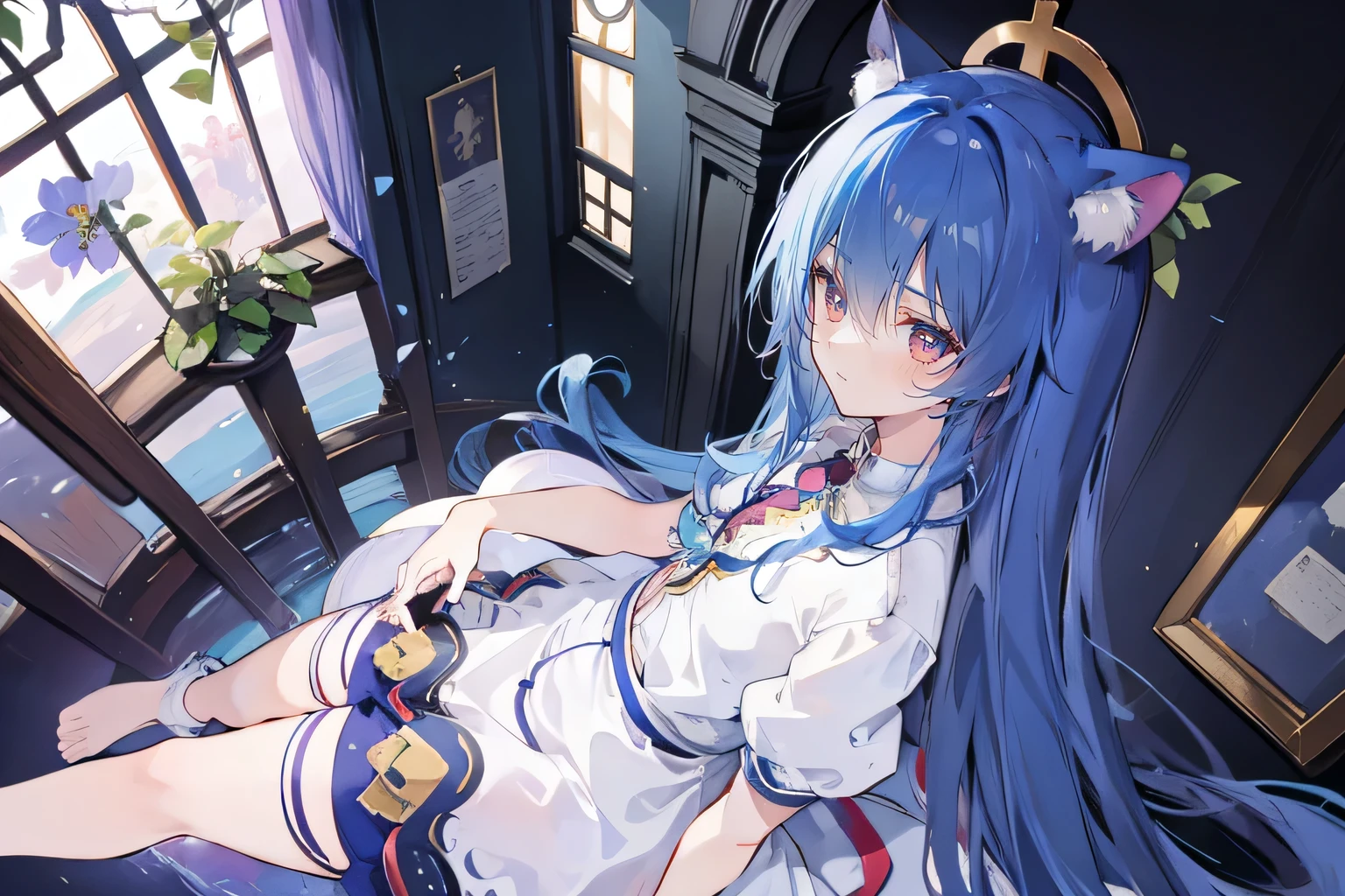 (masterpiece:1.2),Extremely detailed,Practical,expressive eyes,Fair skin,Perfect face shaping,1 Girl,
Japanese cartoons,Gorgeous blue hair, the long flowing blue hair,Floating clothes,Cat ears,Petals fall,beautiful lola,Angel,
Place your hands on your waist,sit elegantly on the ground,Cross your legs,Gentle and peaceful background,stately church,nun.