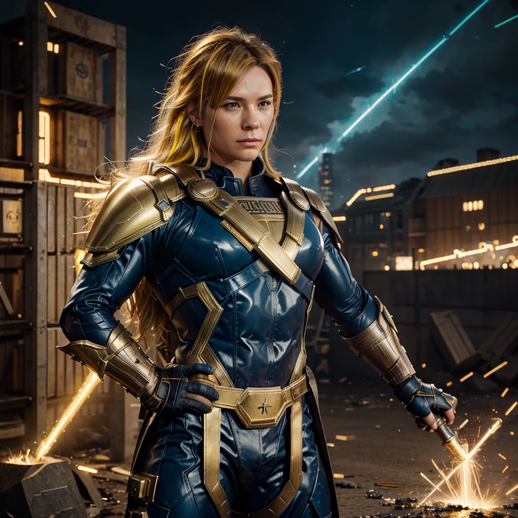 Thor holding the big hammer, steampunk city background, realistic metal suit, realism, inspired by Li Shida, fighting game character, tracer, Marvel the movie, gold paladin, wild rift, gold and navy color, glow particle, yellow hair color, realistic suit, realism masterpiece, 8k, lighting, strong realistic texture
