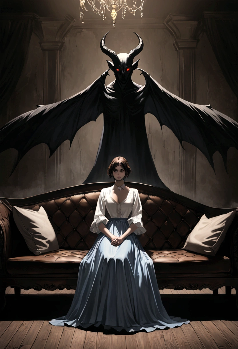 In the center of the image, a couple is sitting side by side on an old leather couch, in an environment that combines classic and dark elements. They are holding hands, but their expressions are of concern and sadness, reflecting the tension in their relationship. The woman has wavy brown hair and is wearing a white blouse and a long skirt, while the man has short hair and is wearing a light blue dress shirt with black pants.
Around them, in an almost imperceptible circle, there are several demons. Each demon is uniquely depicted, but all possess a dark and malevolent appearance. Some have dark wings, others have glowing eyes and sharp claws. The demons are not large, but their presence is intense and threatening, like shadows enveloping the couple.
The lighting in the scene is dramatic, with a soft focus on the couple, highlighting their expressions and the connection between them. The demons' shadows are elongated and sinister, cast on the surrounding walls. The setting is an old room with dark wooden walls, heavy curtains, and an unlit fireplace in the background, creating an atmosphere of desolation and isolation.