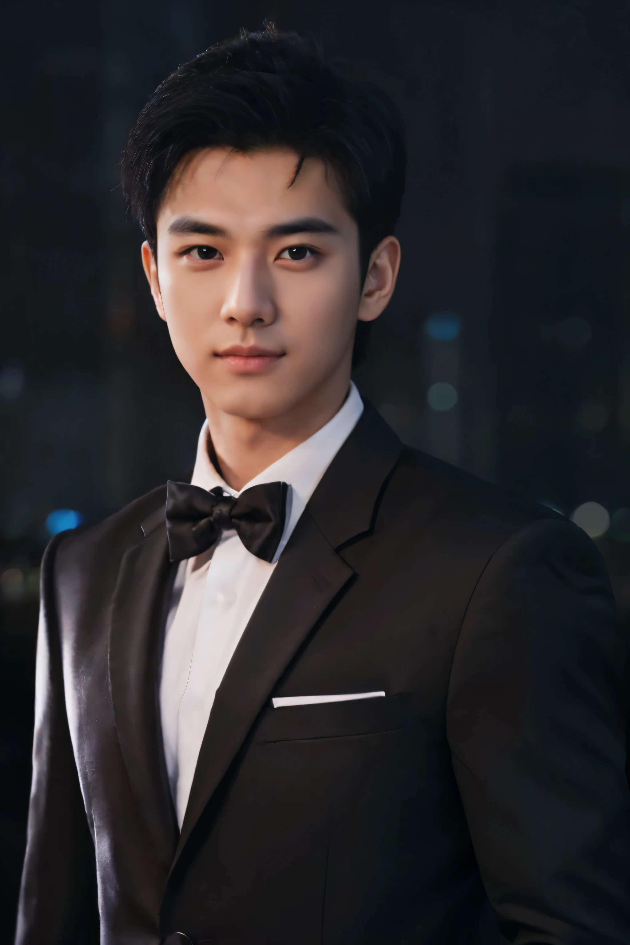 Best quality, masterpiece, ultra high res, (photorealistic:1.4), detailed face, detailed eyes, raw photo, 25 year old handsome male, black hair, (full body), view from top, (night city background:1.2), wearing black tuxedo